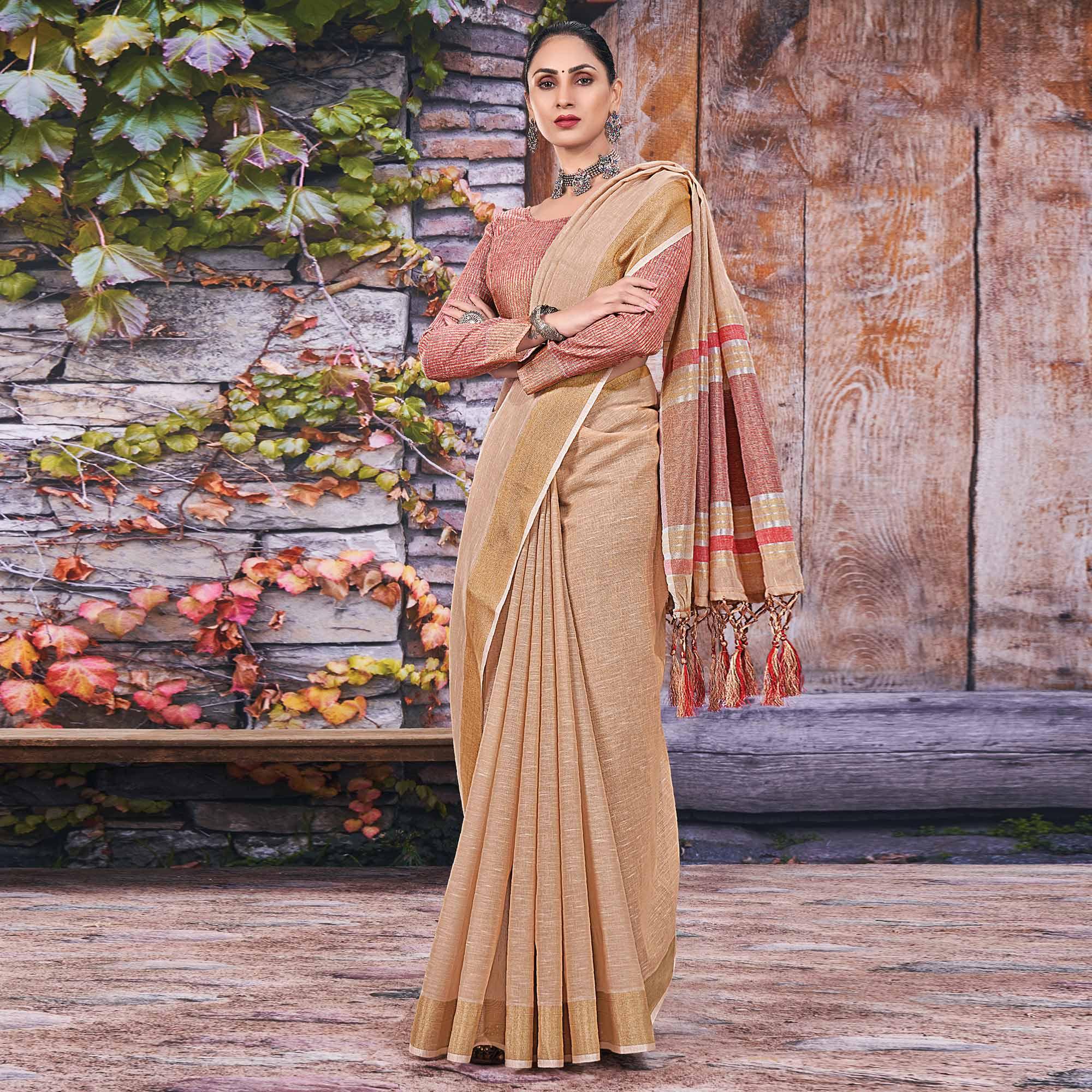 Brown Festive Wear Solid Linen Saree - Peachmode