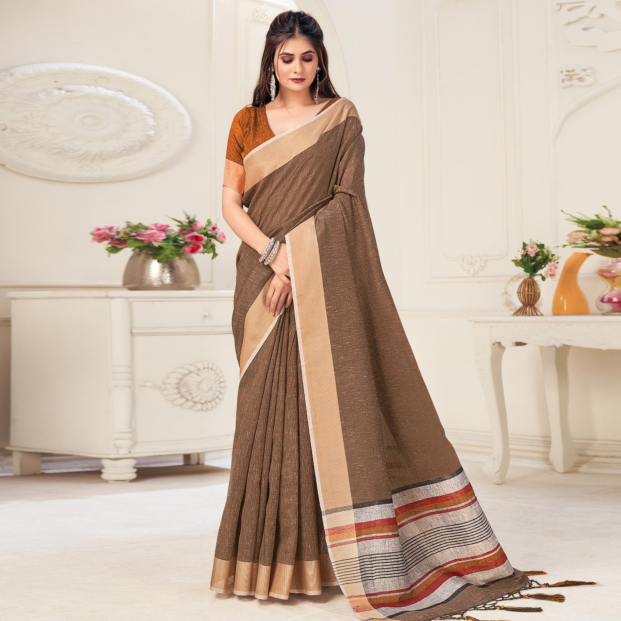 Brown Festive Wear Solid Linen Saree - Peachmode