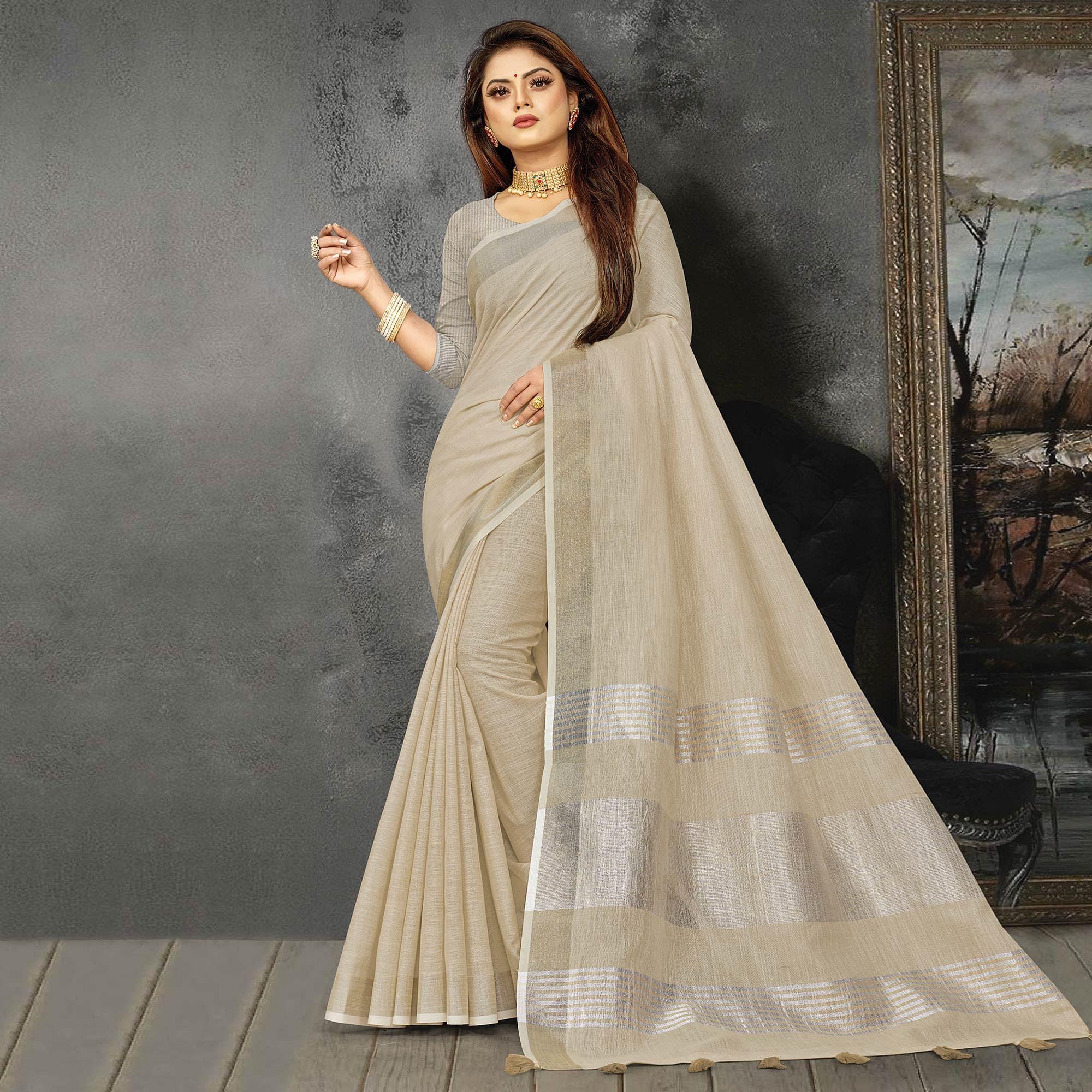 Brown Festive Wear Solid Linen Saree - Peachmode