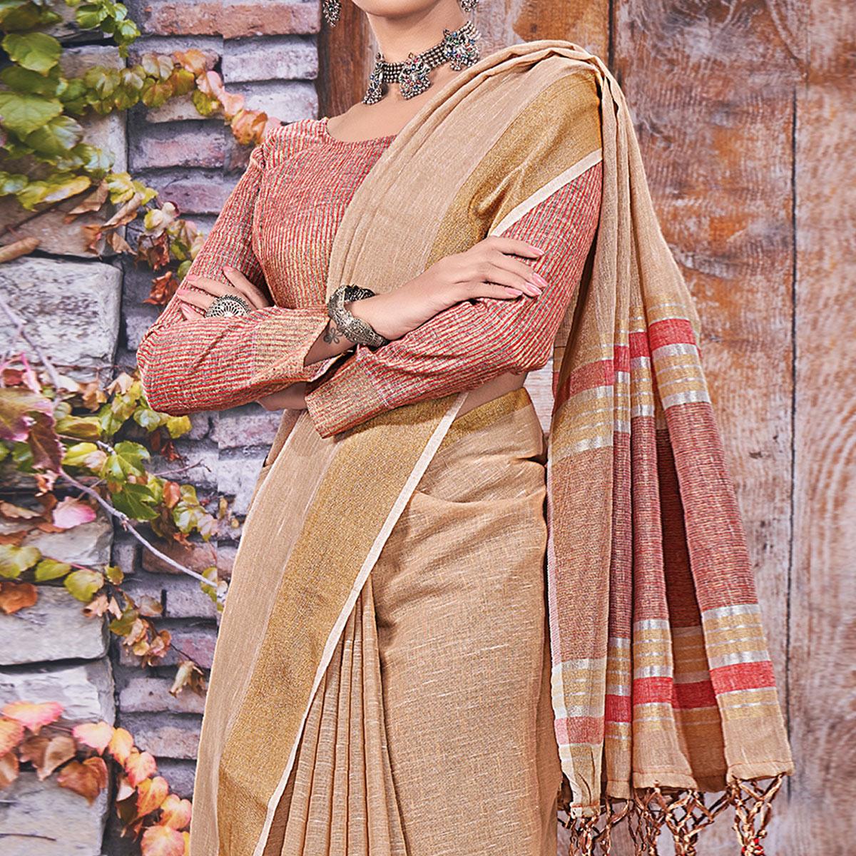 Brown Festive Wear Solid Linen Saree - Peachmode