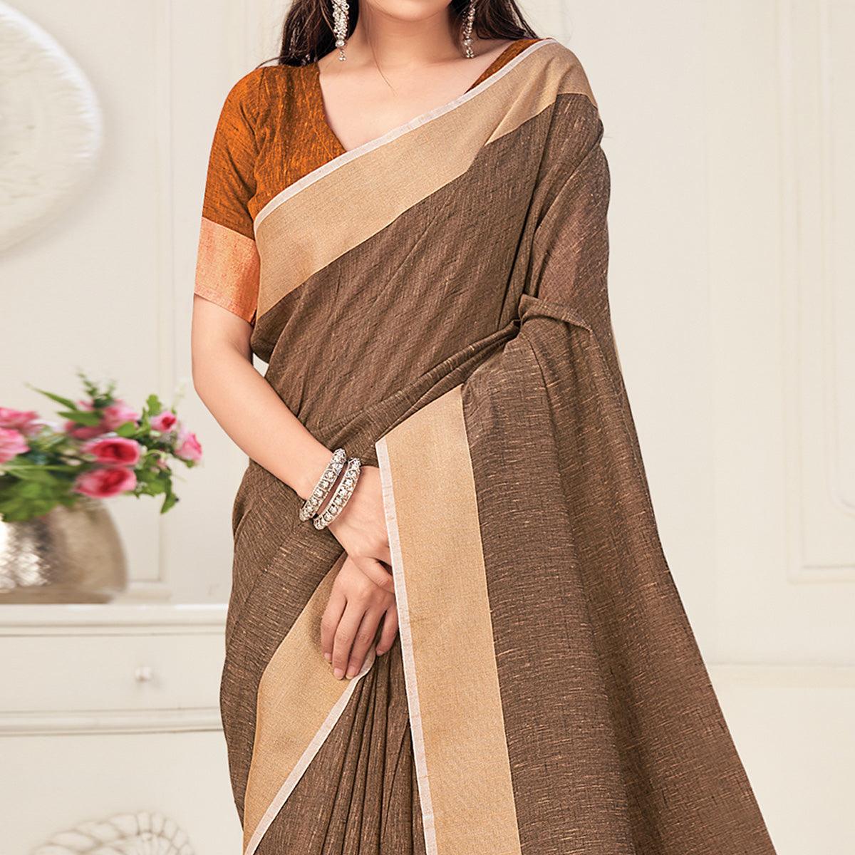 Brown Festive Wear Solid Linen Saree - Peachmode