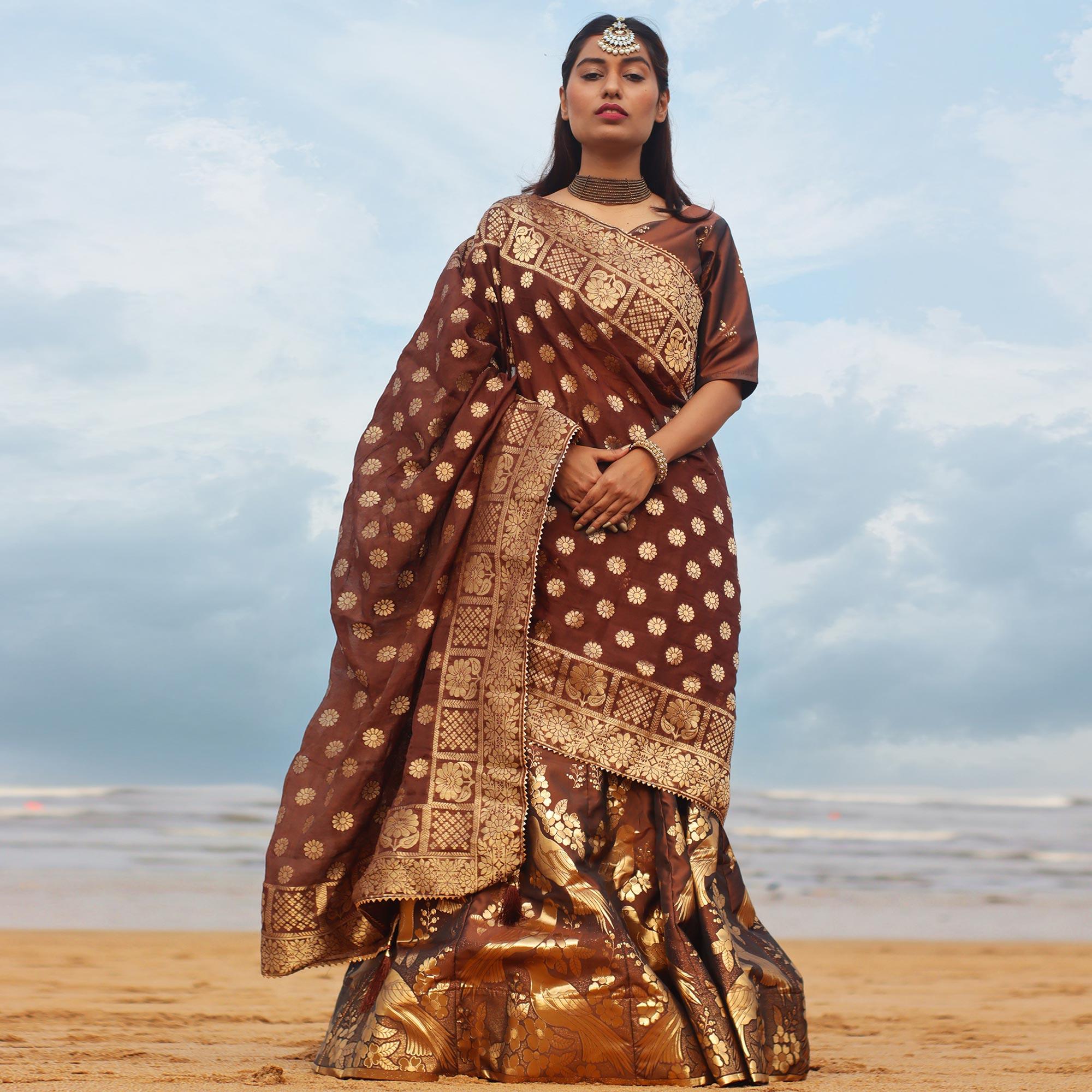 Brown Festive Wear Woven Banarasi Silk Lehenga Choli - Peachmode