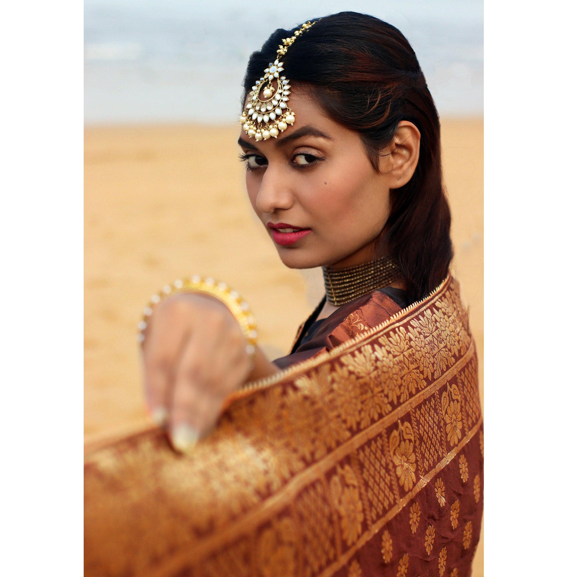 Brown Festive Wear Woven Banarasi Silk Lehenga Choli - Peachmode