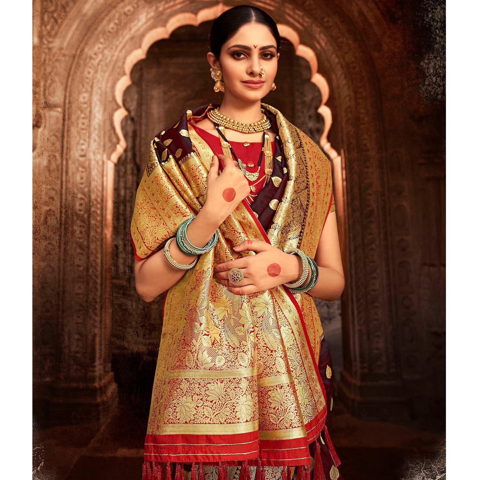 Brown Festive Wear Woven Banarasi Silk Saree With Zari Border Pallu - Peachmode