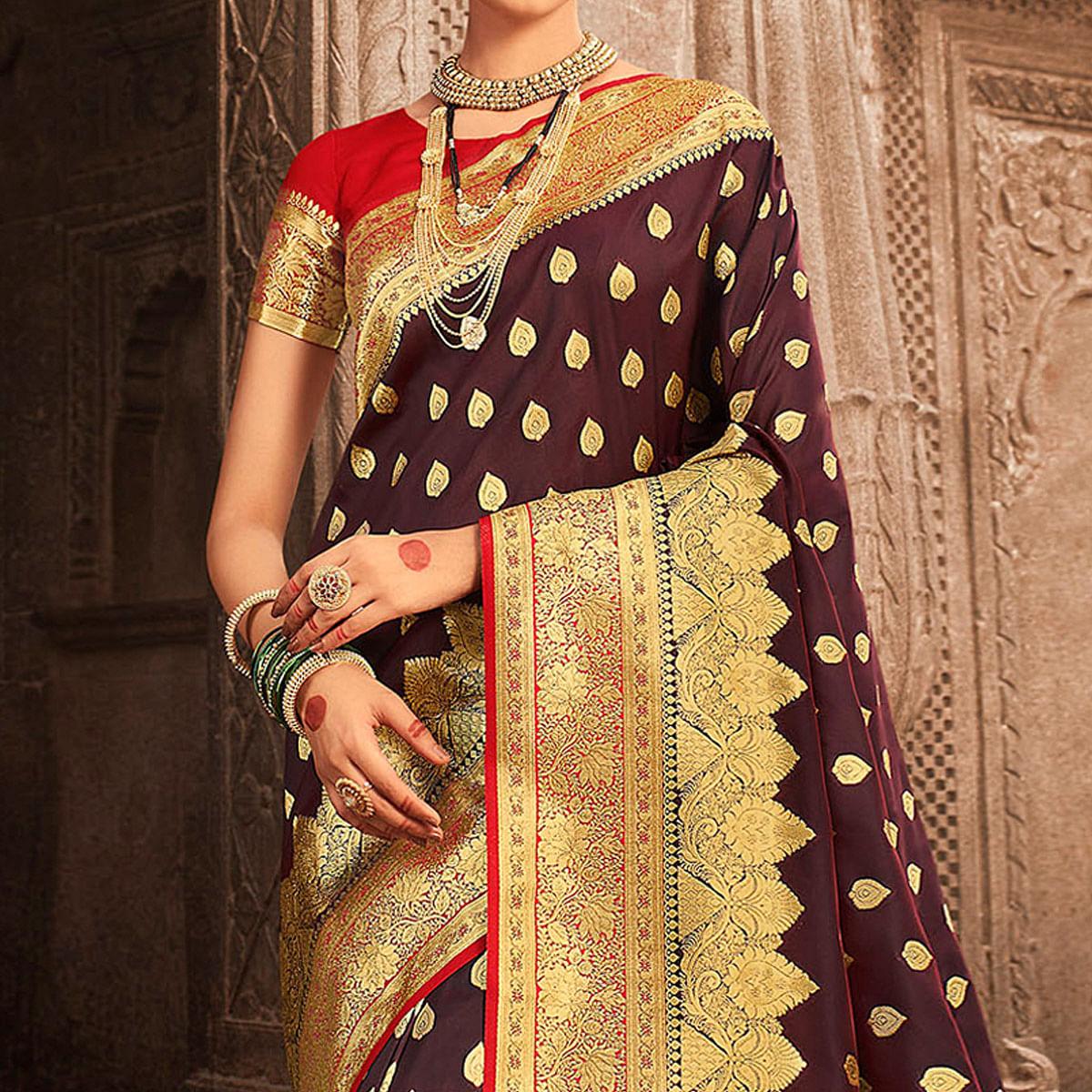 Brown Festive Wear Woven Banarasi Silk Saree With Zari Border Pallu - Peachmode