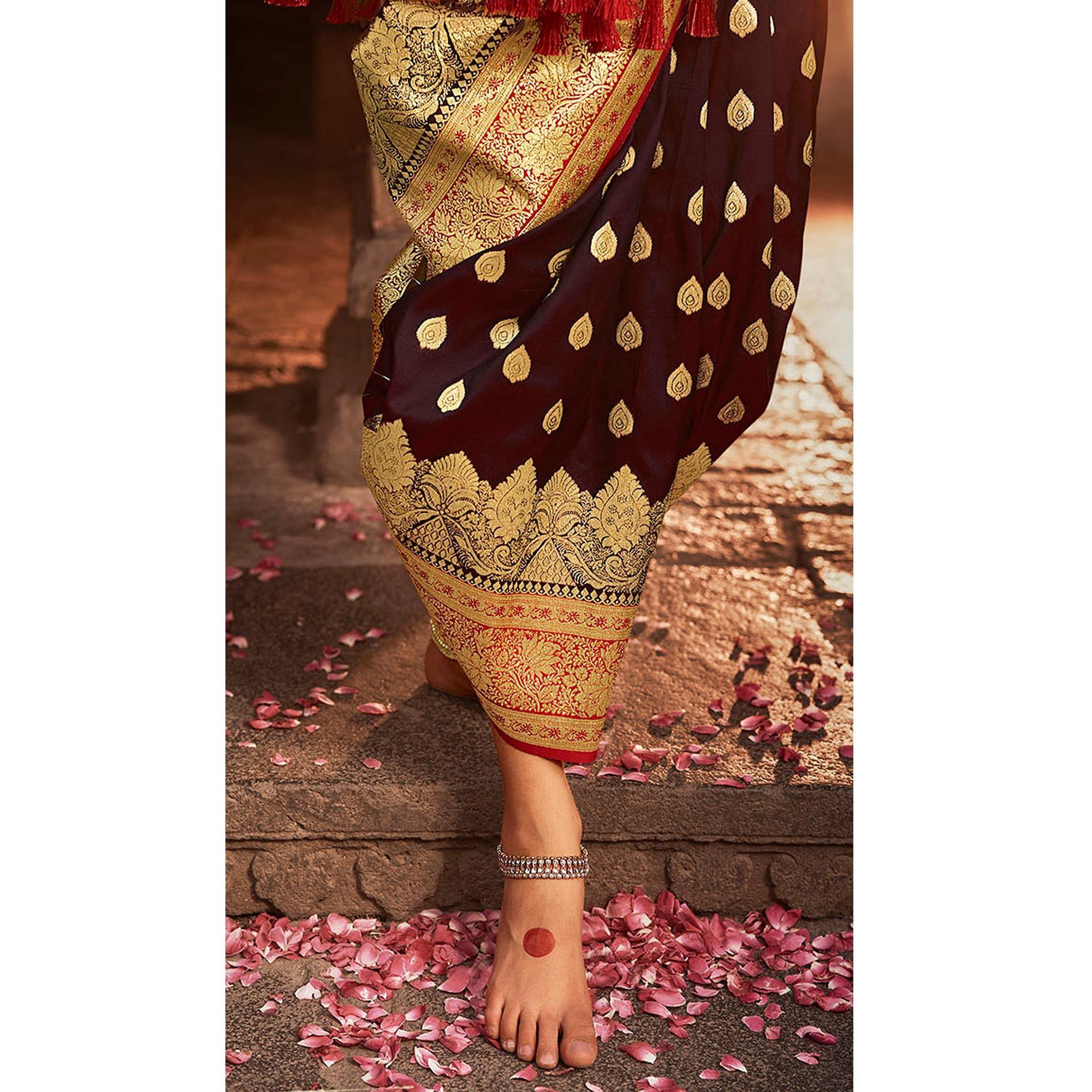 Brown Festive Wear Woven Banarasi Silk Saree With Zari Border Pallu - Peachmode