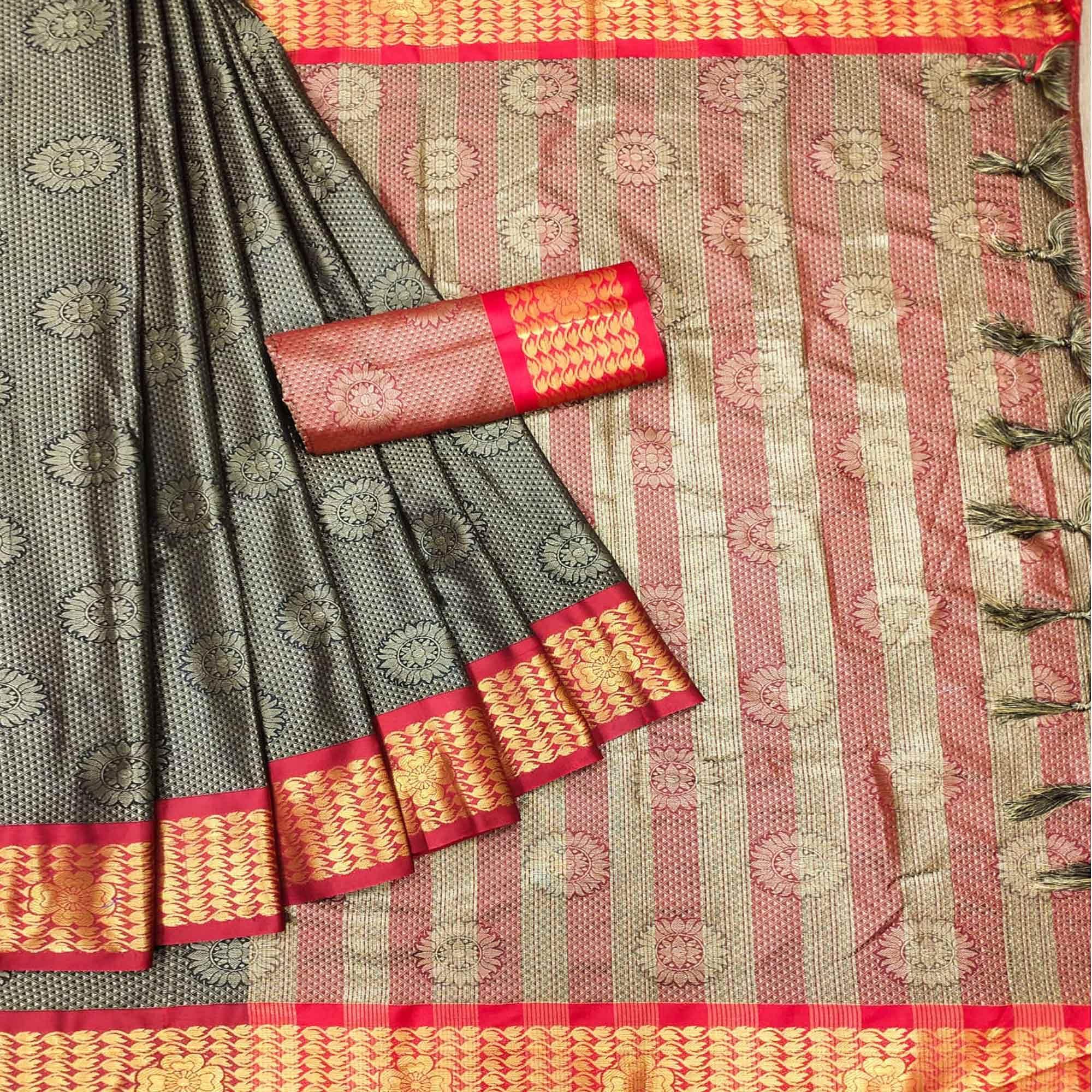 Brown Festive Wear Woven Cotton Silk Saree - Peachmode