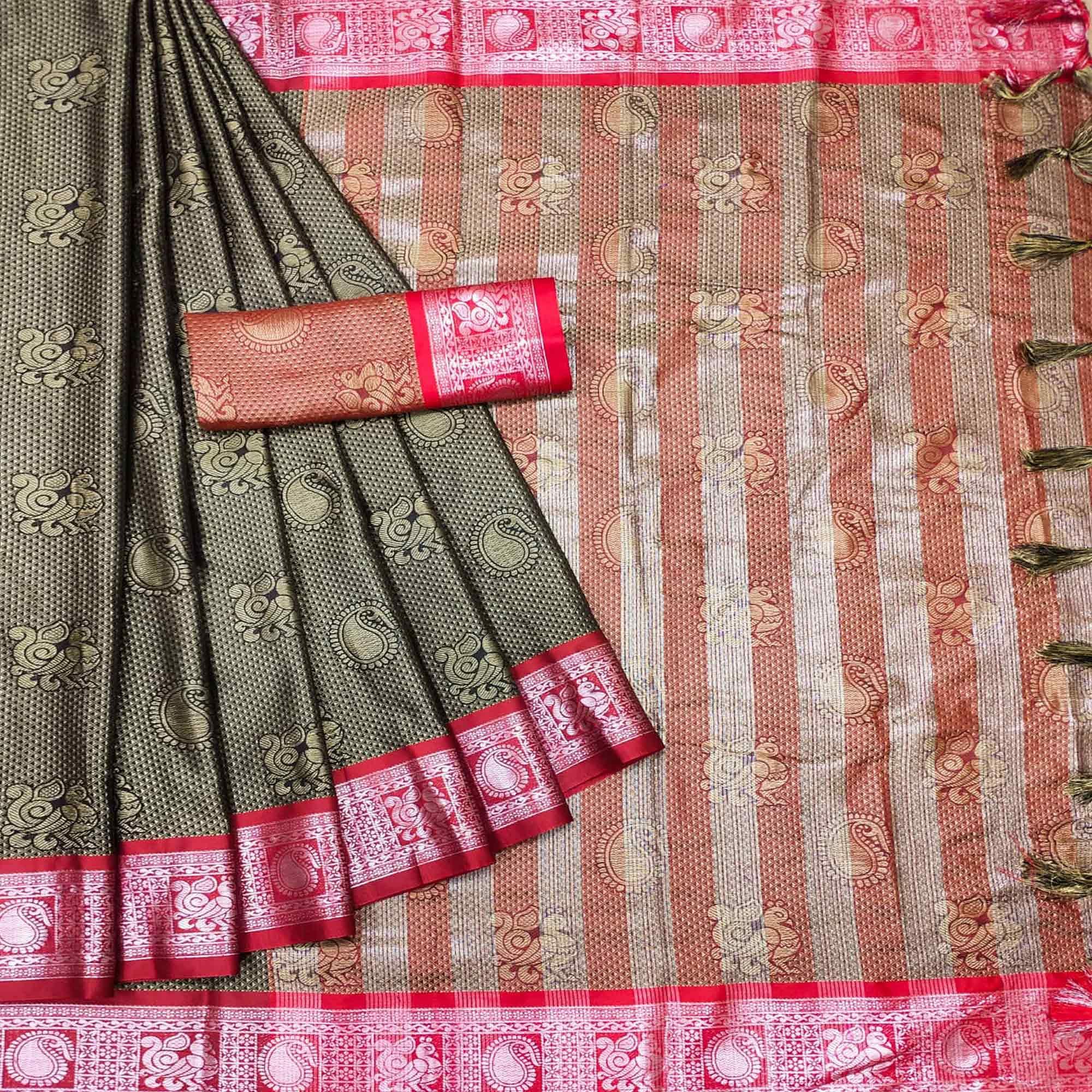Brown Festive Wear Woven Cotton Silk Saree - Peachmode