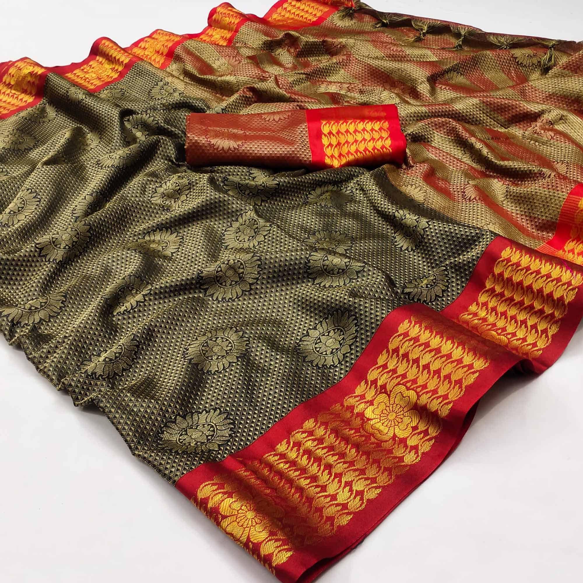Brown Festive Wear Woven Cotton Silk Saree - Peachmode