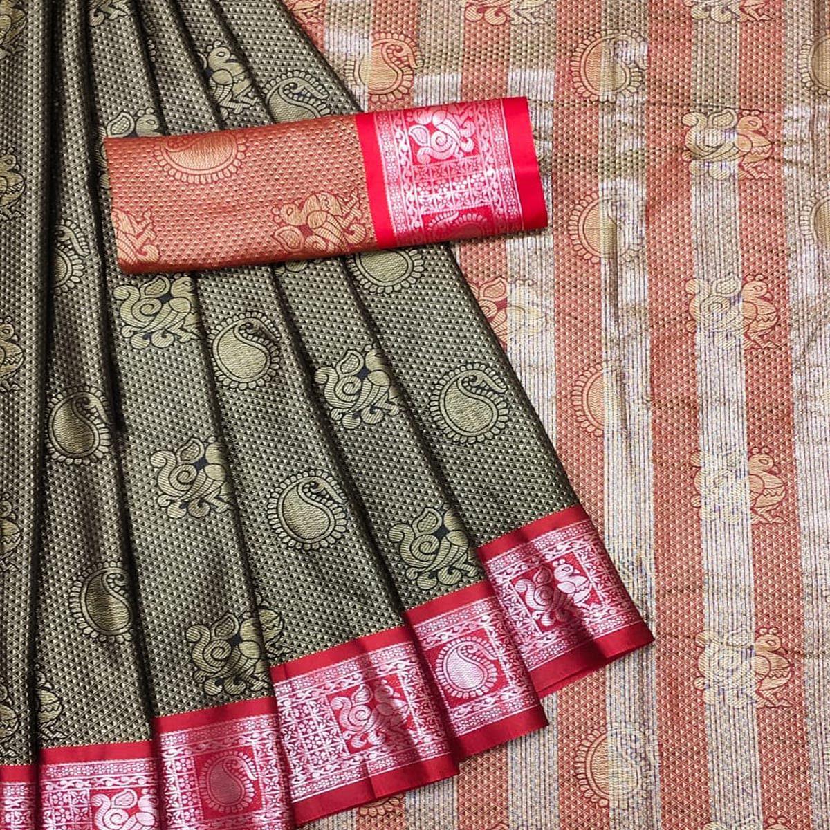 Brown Festive Wear Woven Cotton Silk Saree - Peachmode