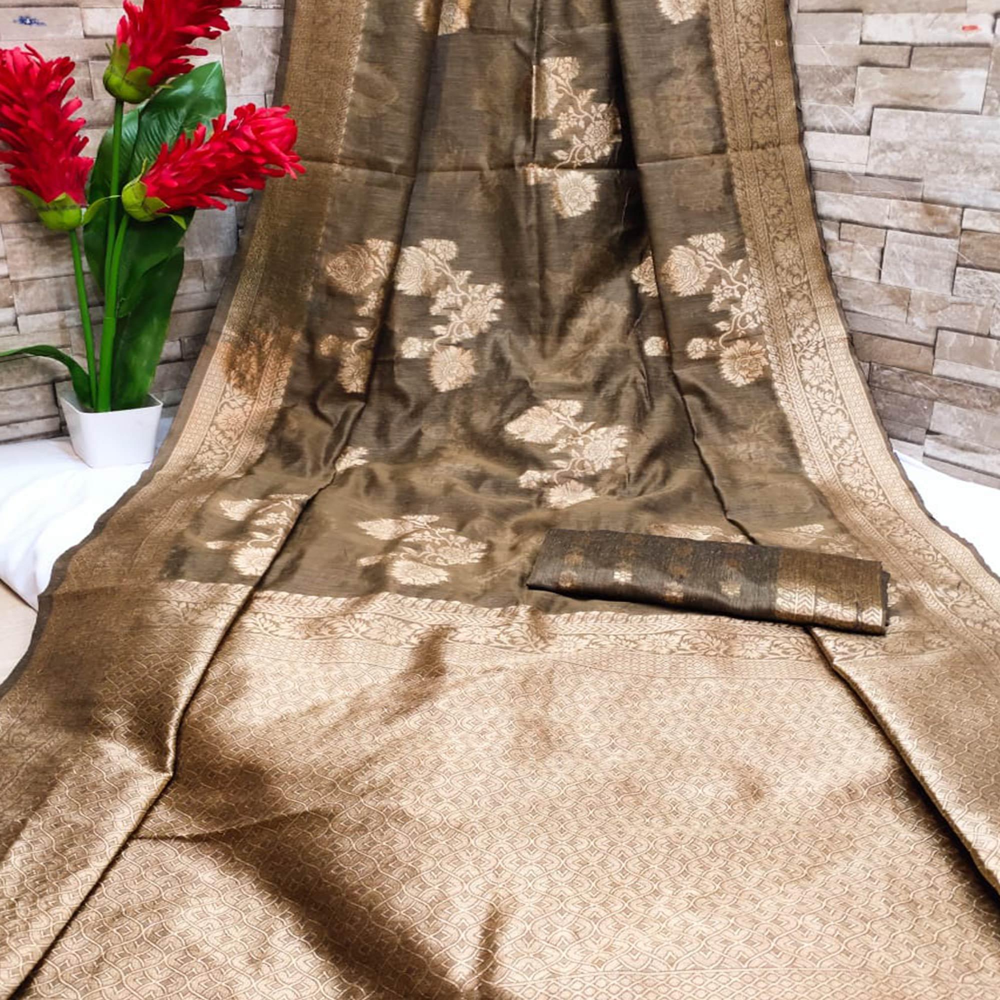 Brown Festive Wear Woven Jacquard Silk Saree - Peachmode