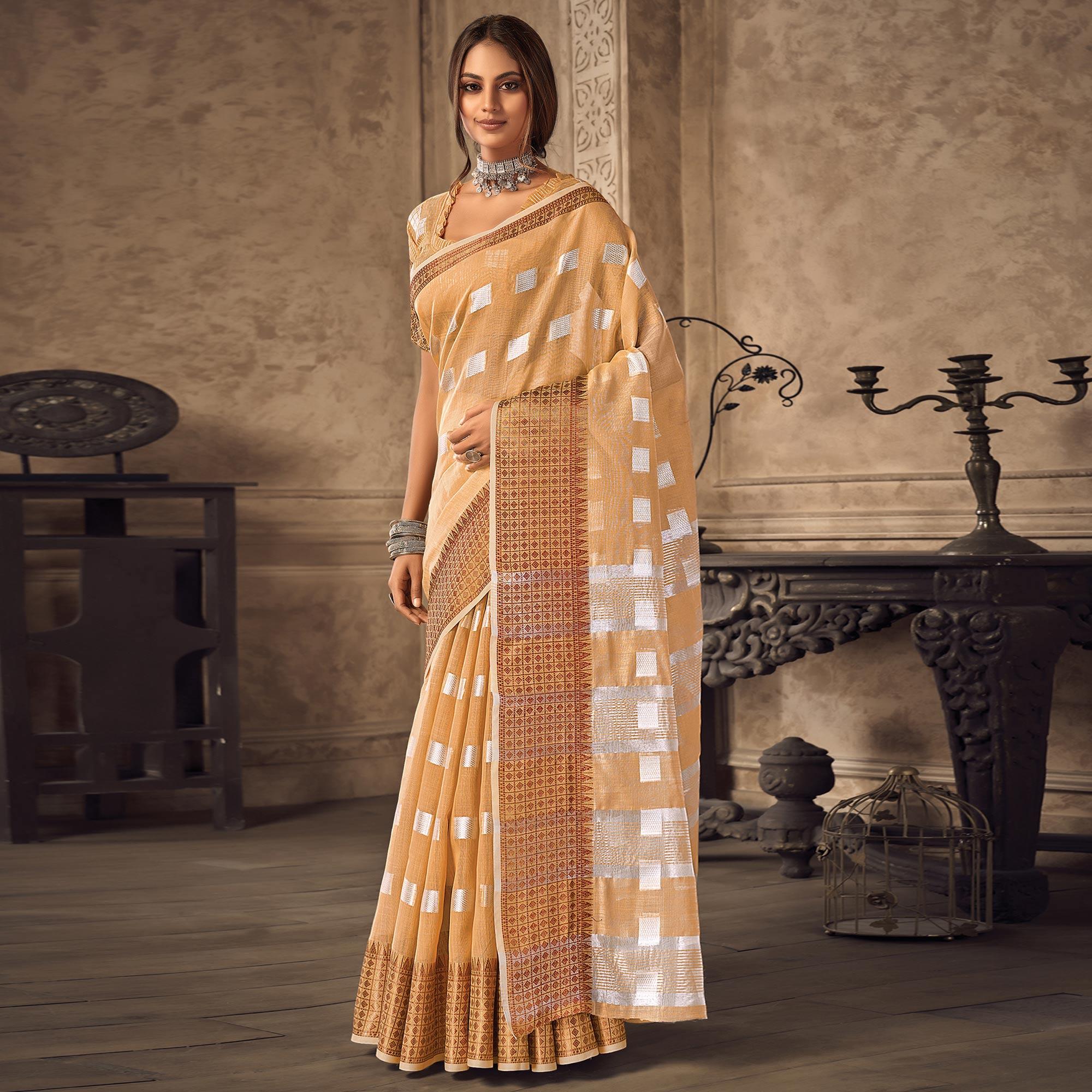 Brown Festive Wear Woven Linen Saree - Peachmode