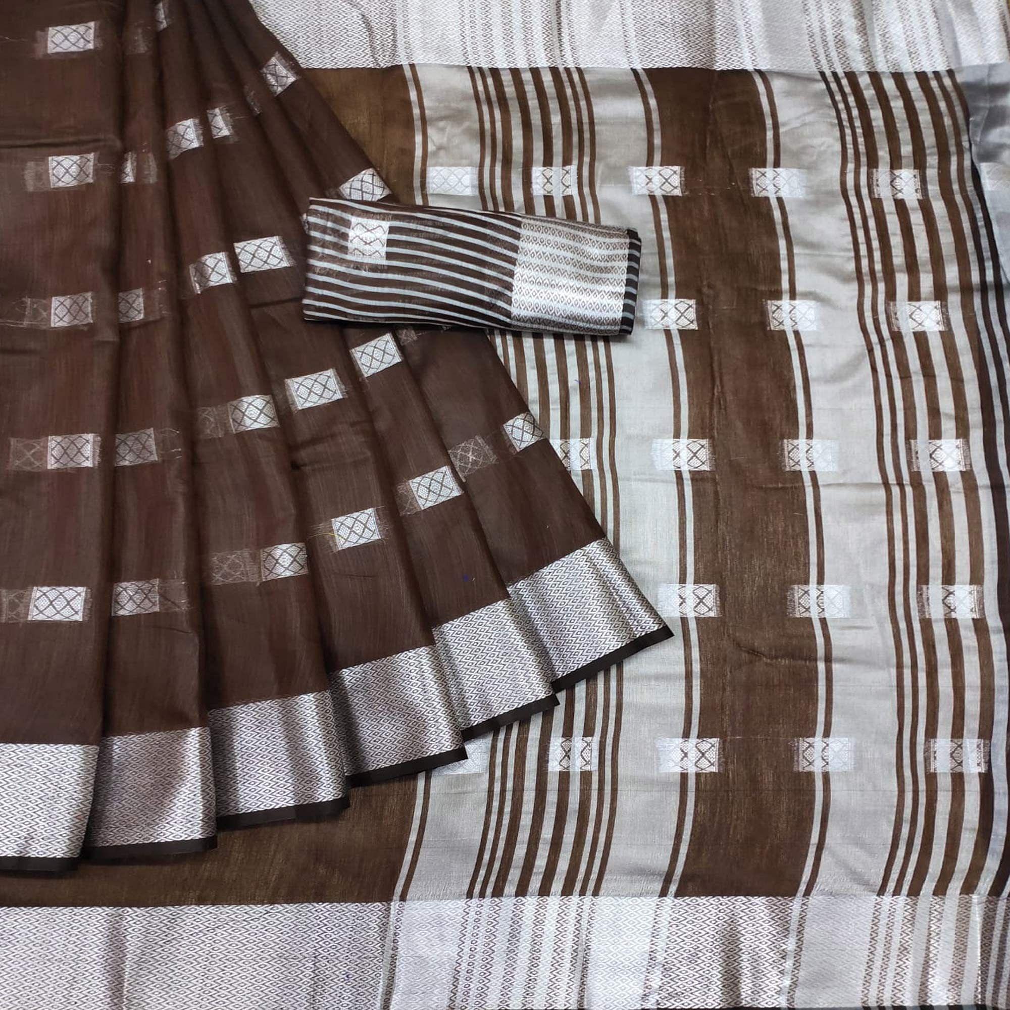 Brown Festive Wear Woven Linen Saree - Peachmode