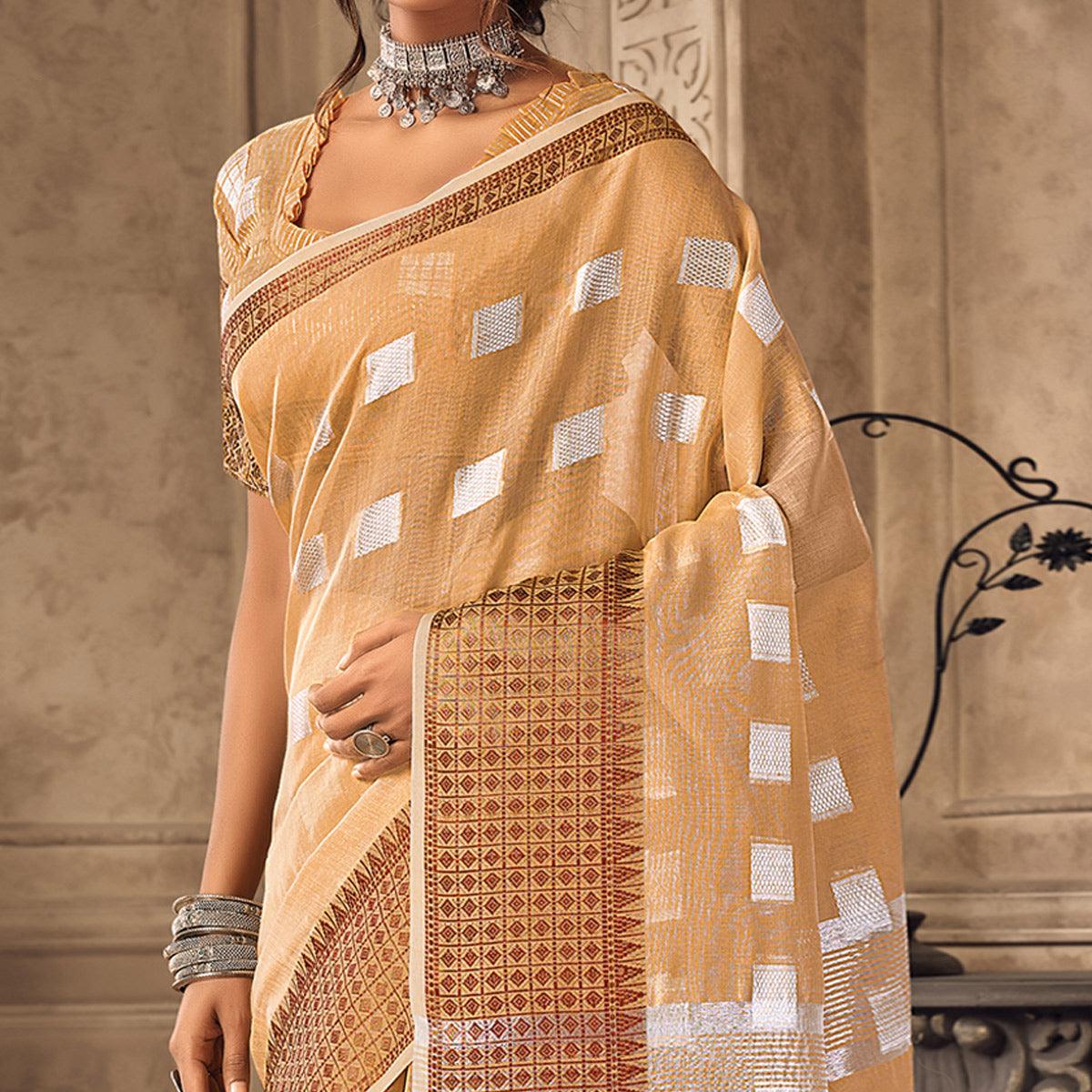 Brown Festive Wear Woven Linen Saree - Peachmode