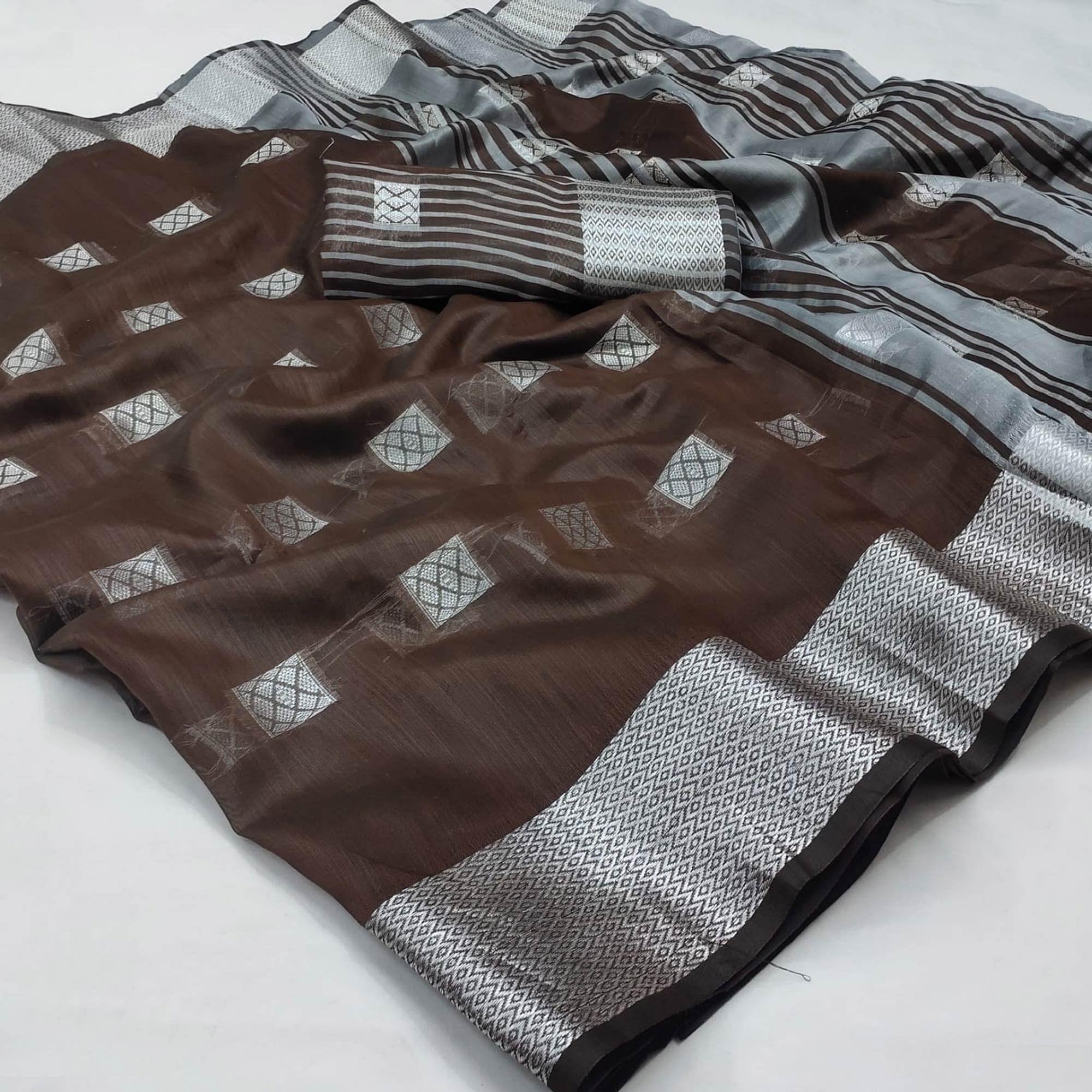 Brown Festive Wear Woven Linen Saree - Peachmode