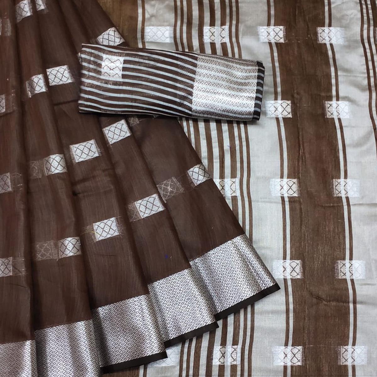 Brown Festive Wear Woven Linen Saree - Peachmode