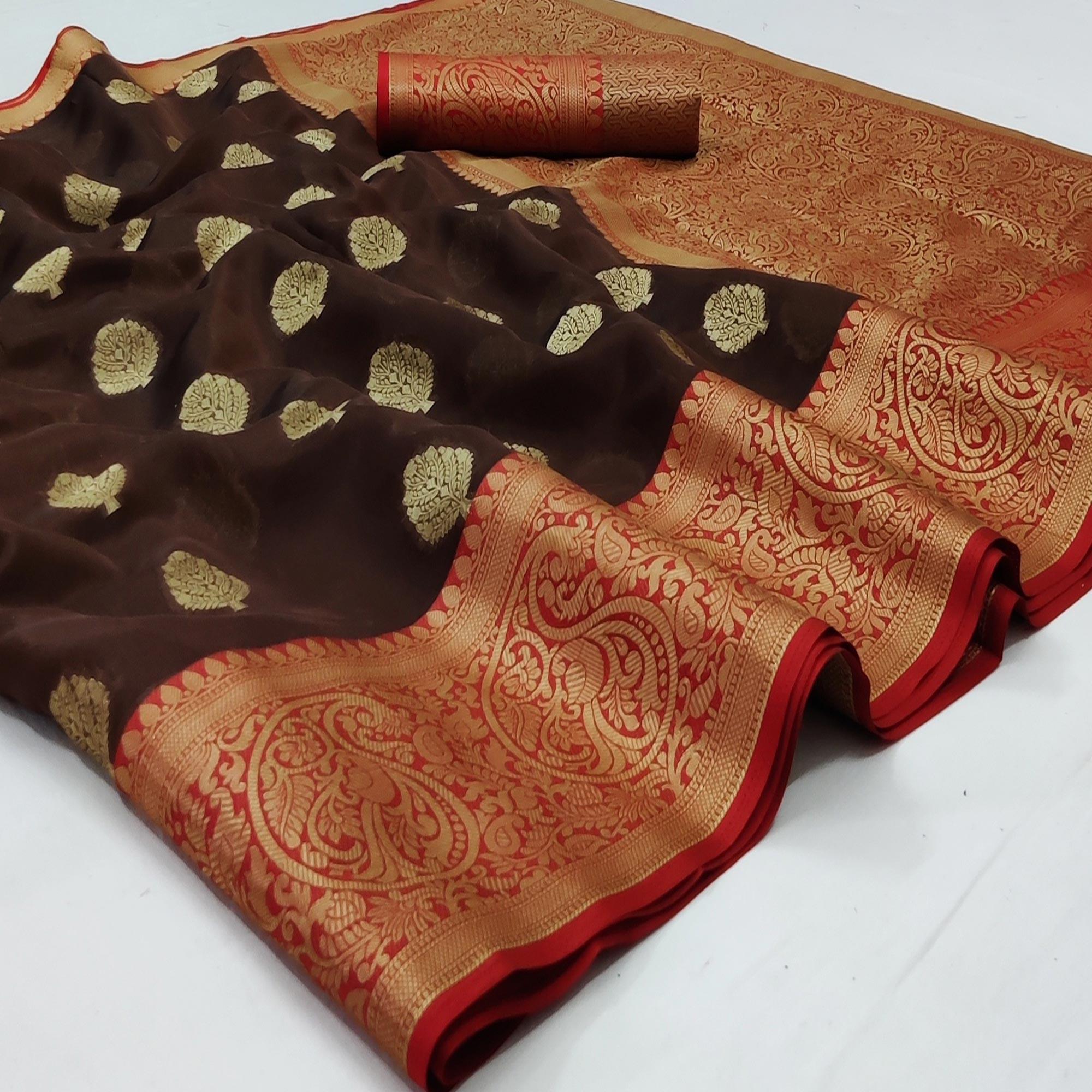 Brown Festive Wear Woven Silk Saree - Peachmode