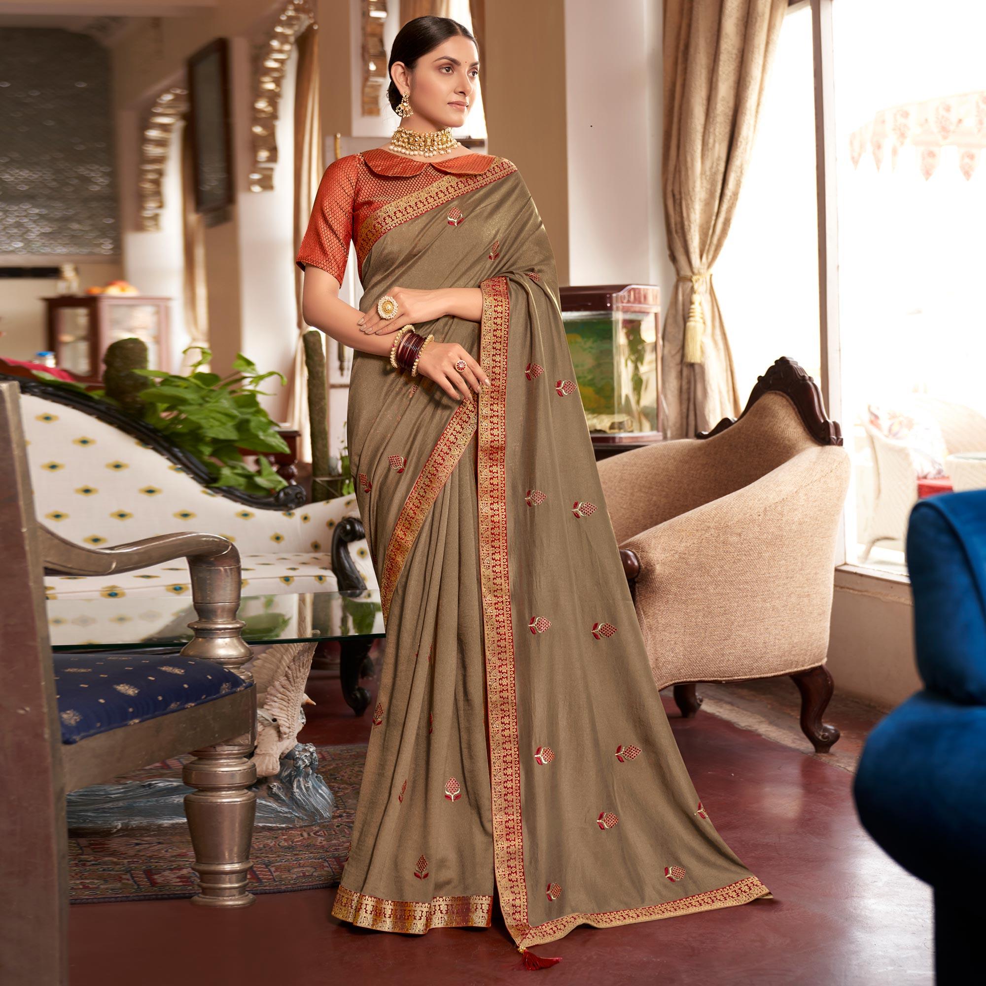Brown Festive Wear Woven Silk Saree - Peachmode