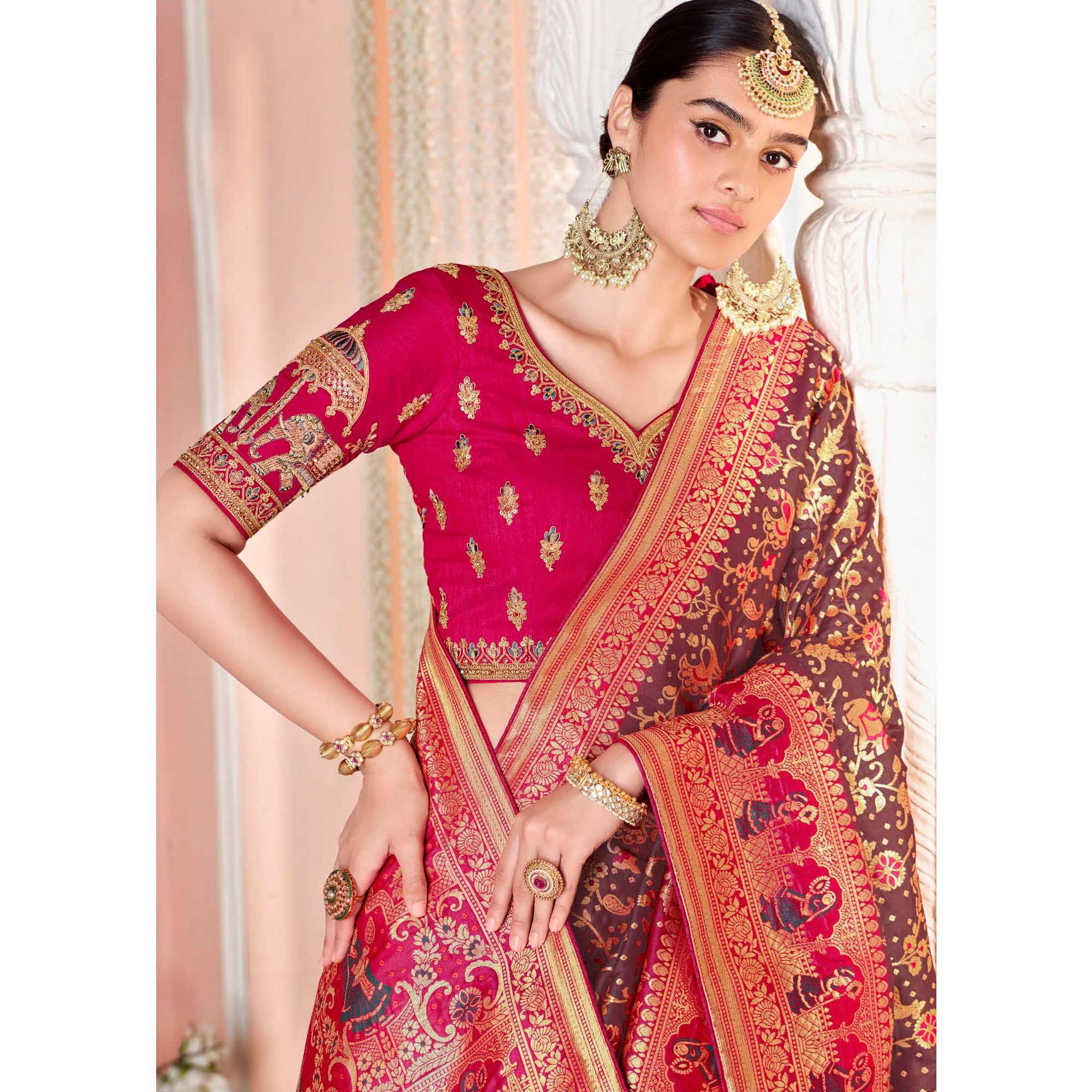 Brown Festive Wear Woven Silk Saree - Peachmode