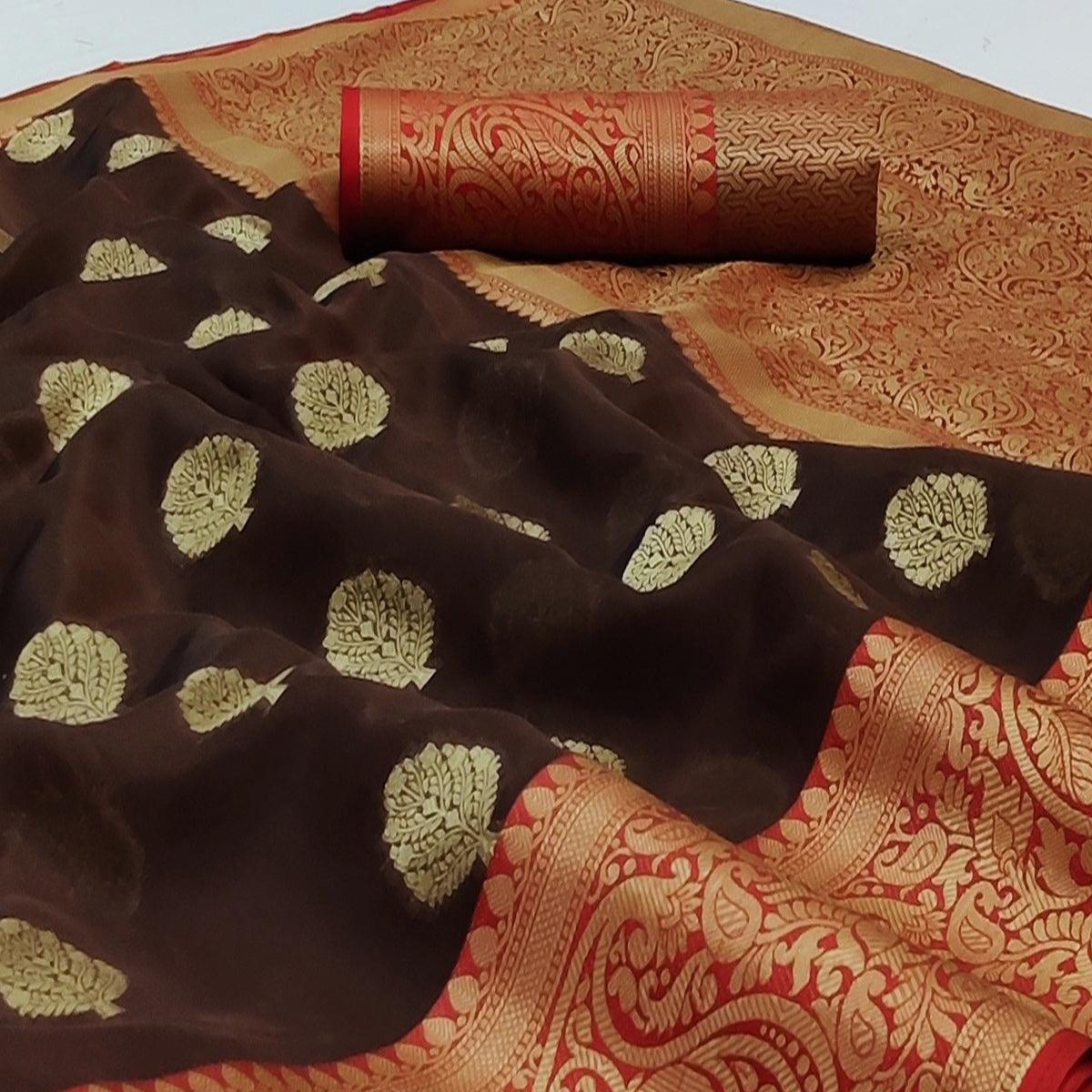 Brown Festive Wear Woven Silk Saree - Peachmode