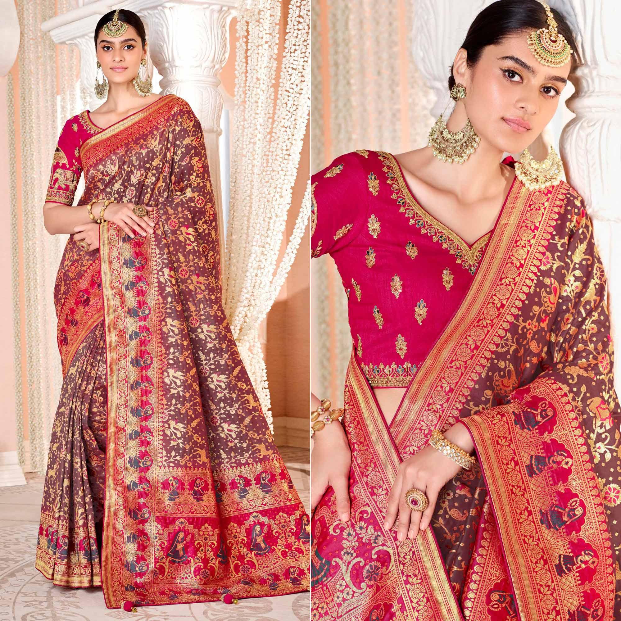 Brown Festive Wear Woven Silk Saree - Peachmode