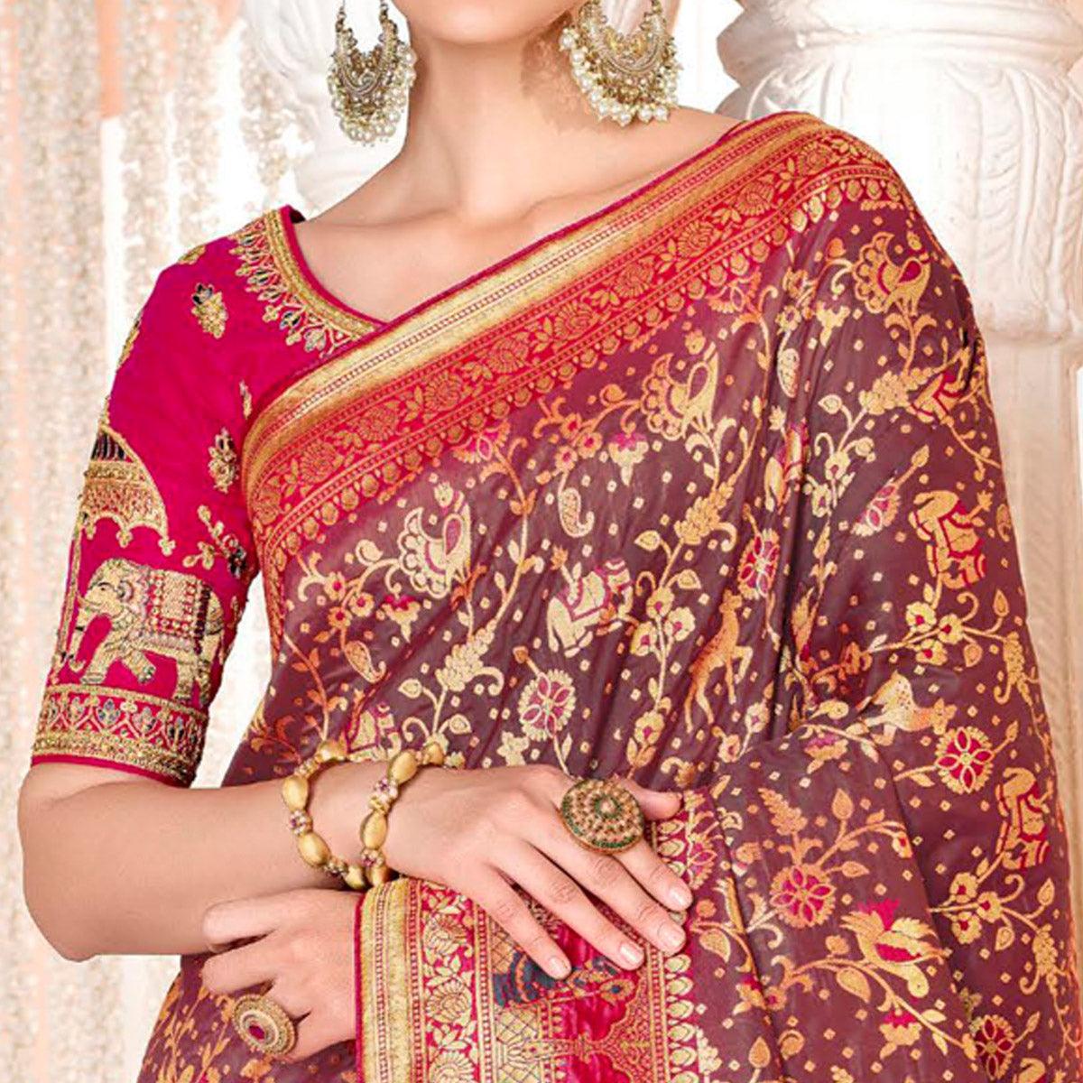 Brown Festive Wear Woven Silk Saree - Peachmode