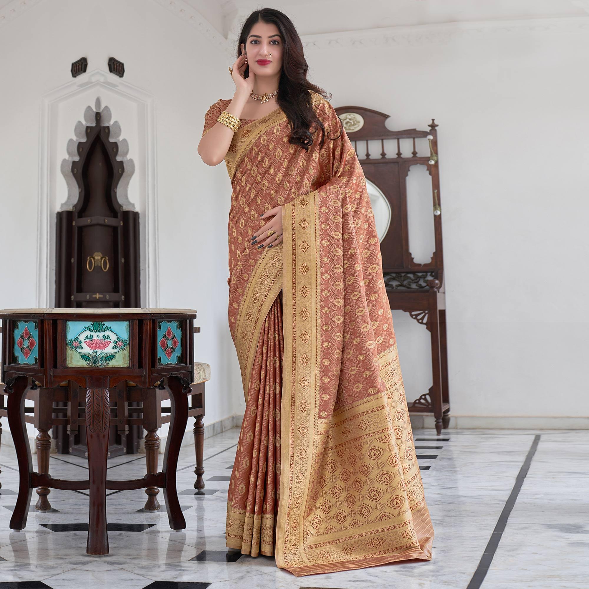 Brown Festive Wear Woven Soft Satin Silk Saree - Peachmode