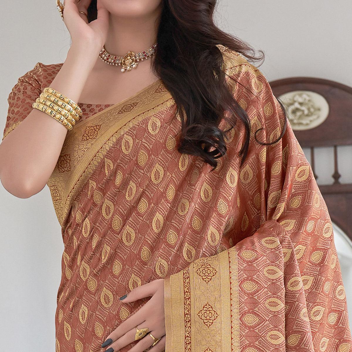 Brown Festive Wear Woven Soft Satin Silk Saree - Peachmode