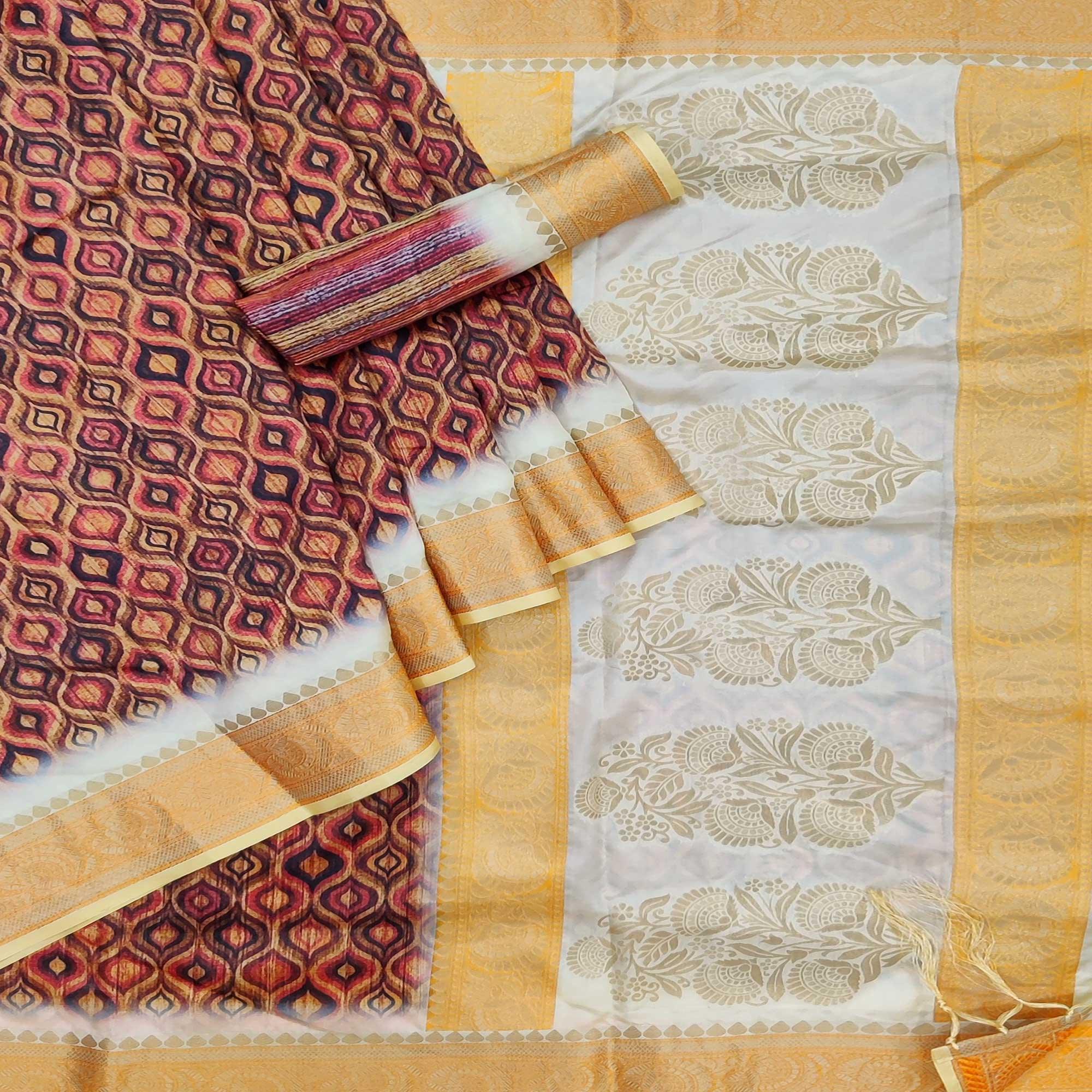 Brown Festive Wear Woven With Digital Printed Silk Saree - Peachmode