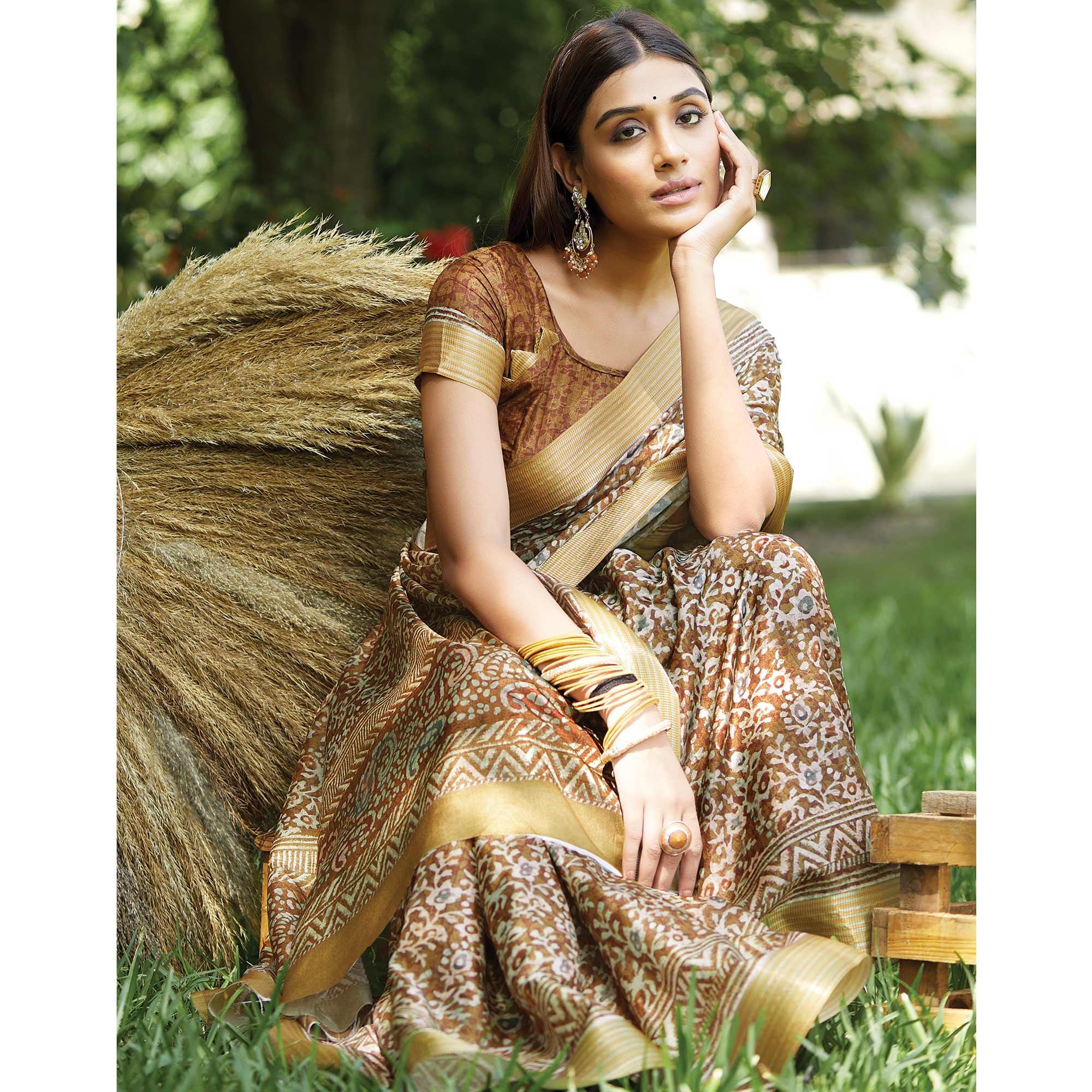 Brown Floral Digital Printed Art Silk Saree - Peachmode