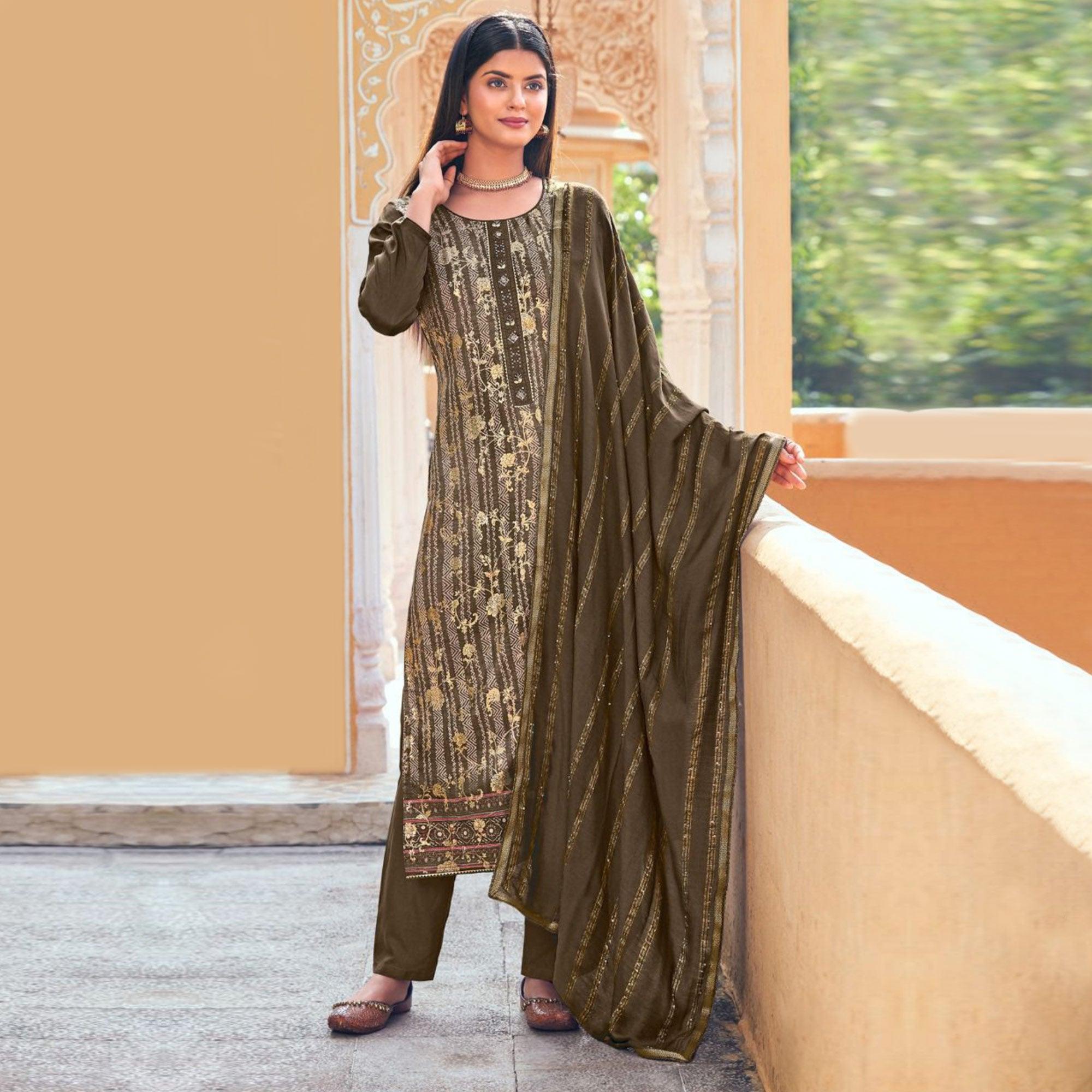 Brown Floral Digital Printed Dola Silk Salwar Suit - Peachmode