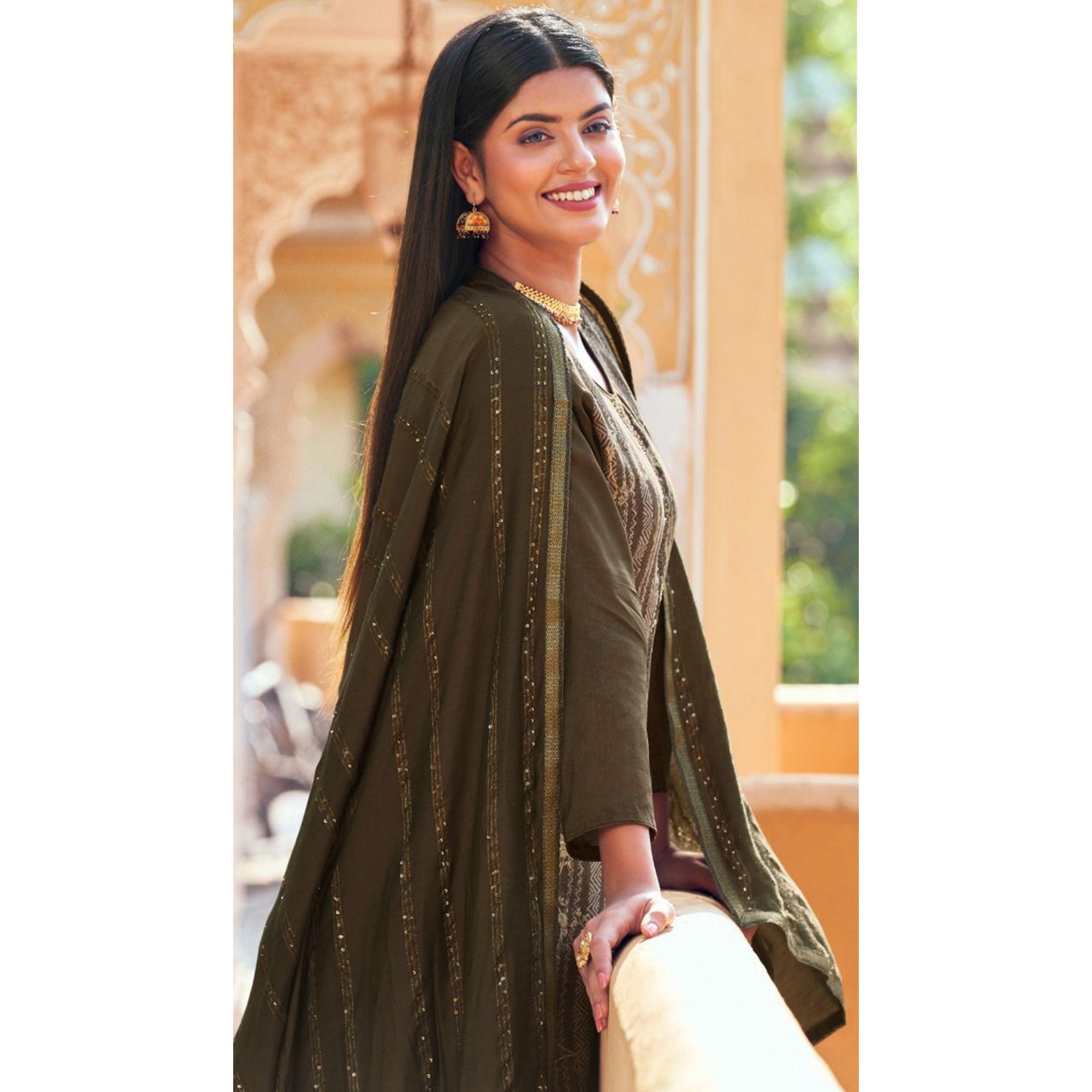 Brown Floral Digital Printed Dola Silk Salwar Suit - Peachmode
