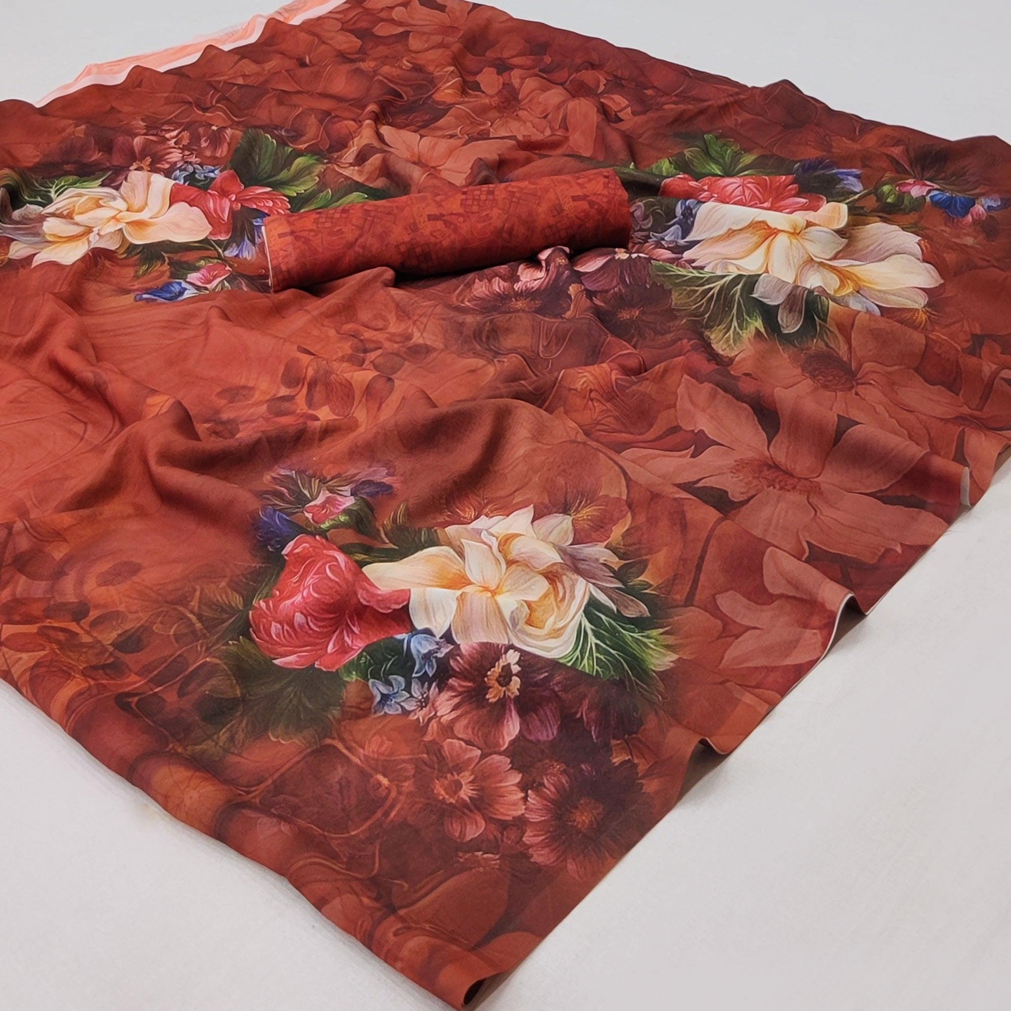 Brown Floral Digital Printed Georgette Saree - Peachmode