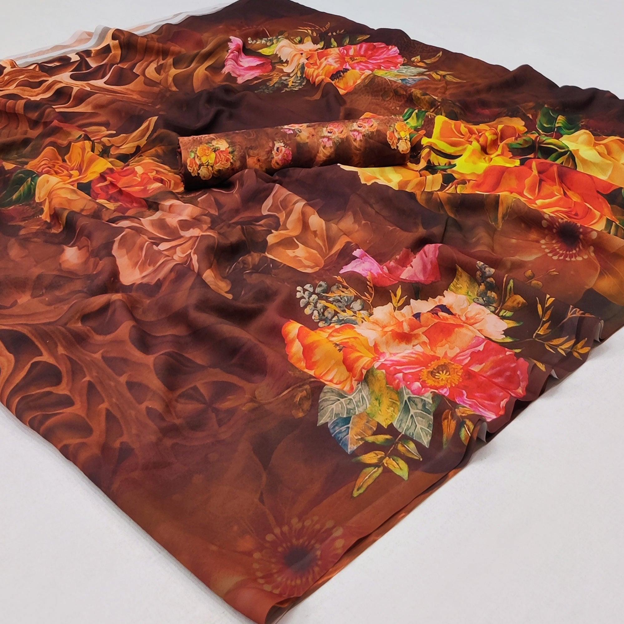 Brown Floral Digital Printed Georgette Saree - Peachmode