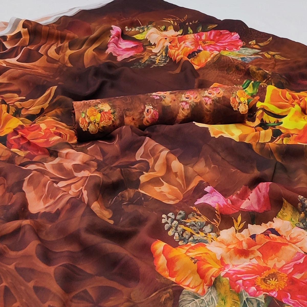 Brown Floral Digital Printed Georgette Saree - Peachmode