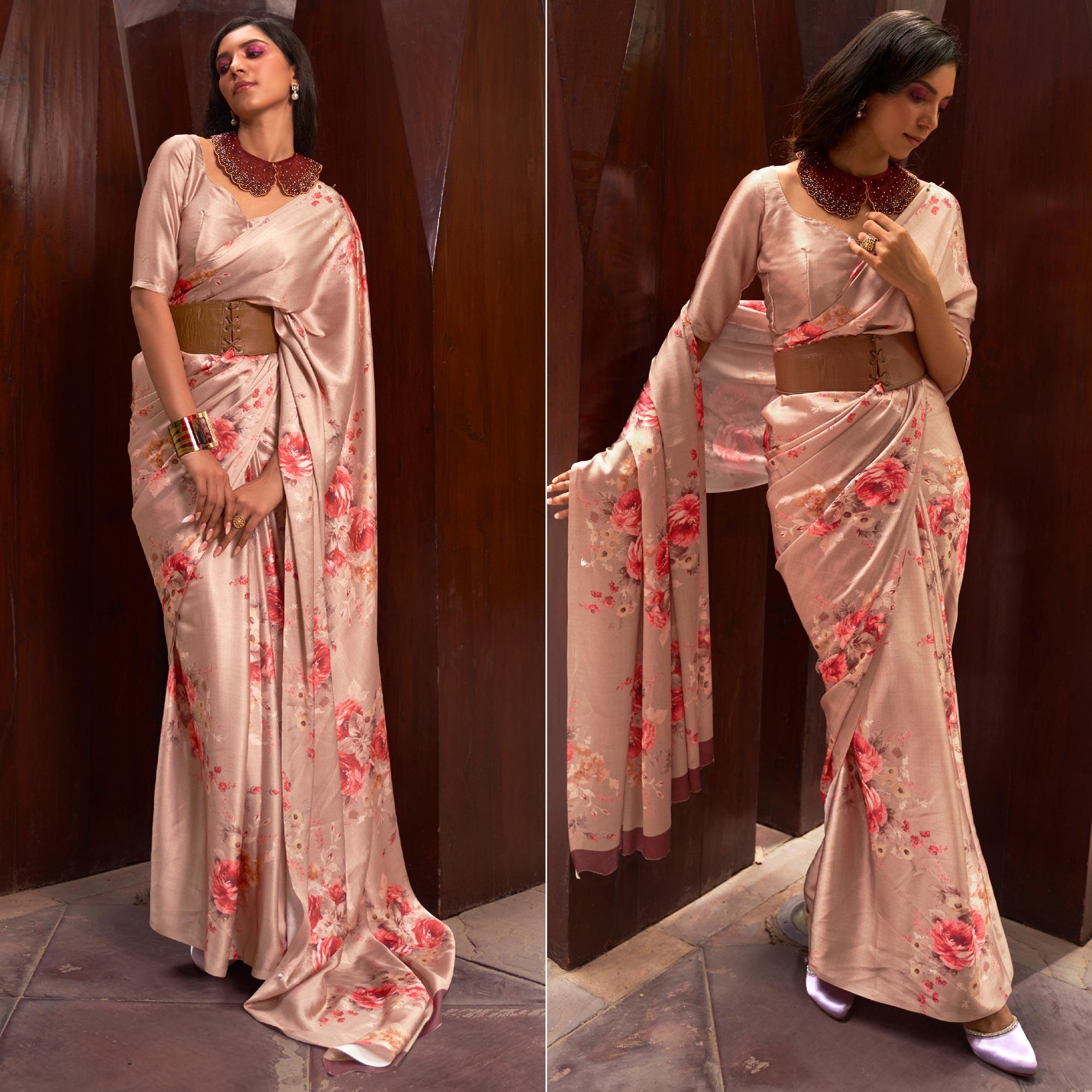 Brown Floral Digital Printed Satin Saree - Peachmode