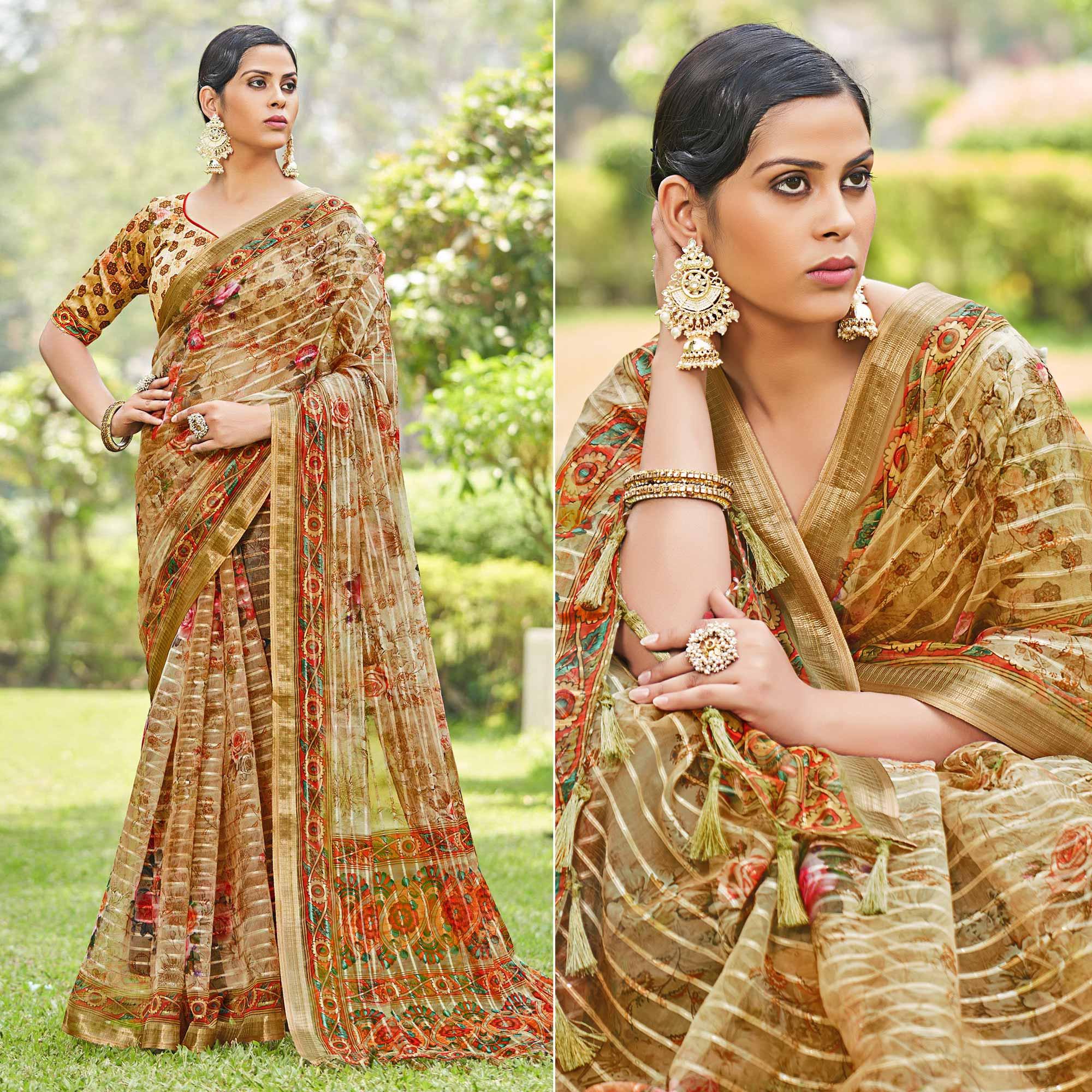 Brown Floral Digital Printed With Sequence Linen Saree - Peachmode