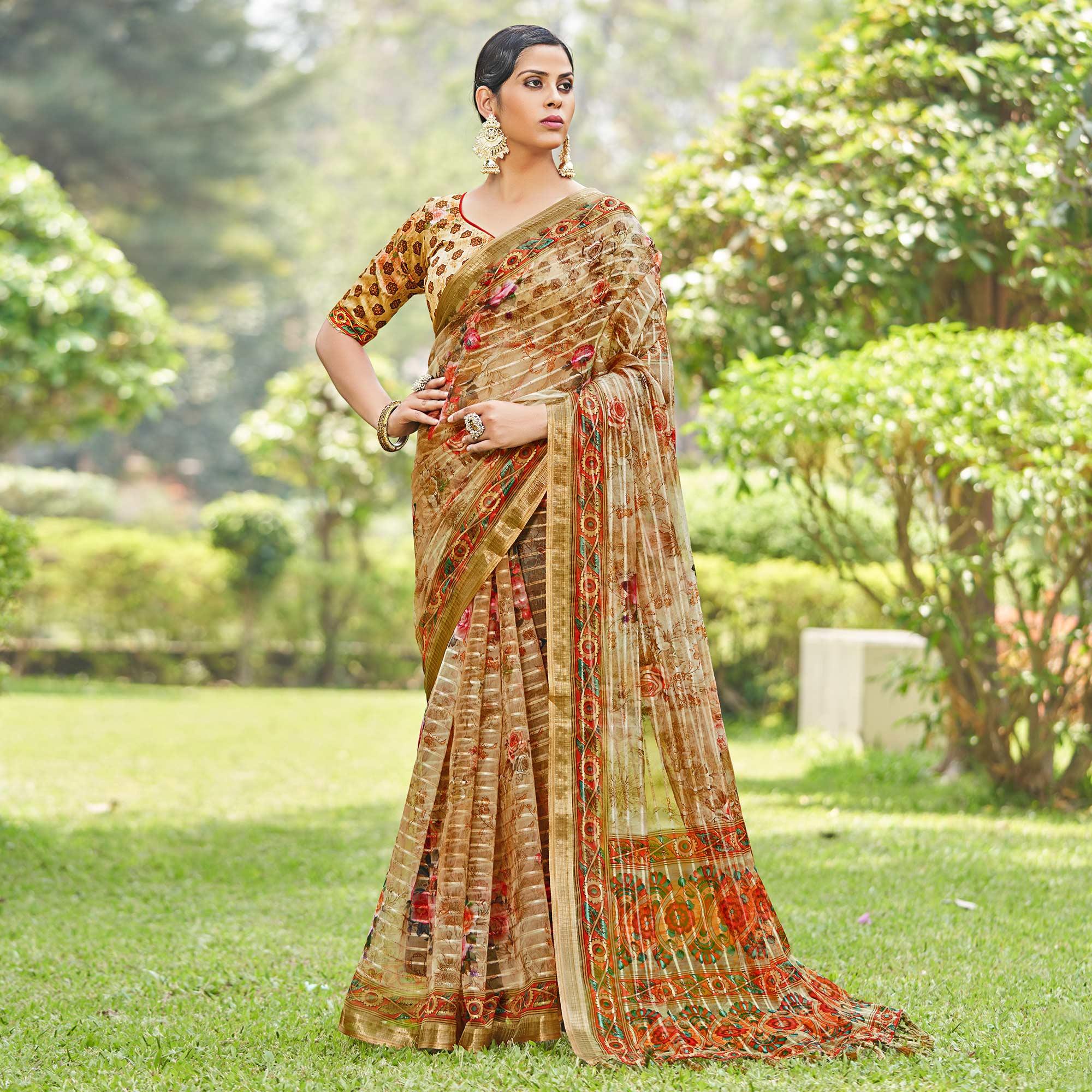 Brown Floral Digital Printed With Sequence Linen Saree - Peachmode