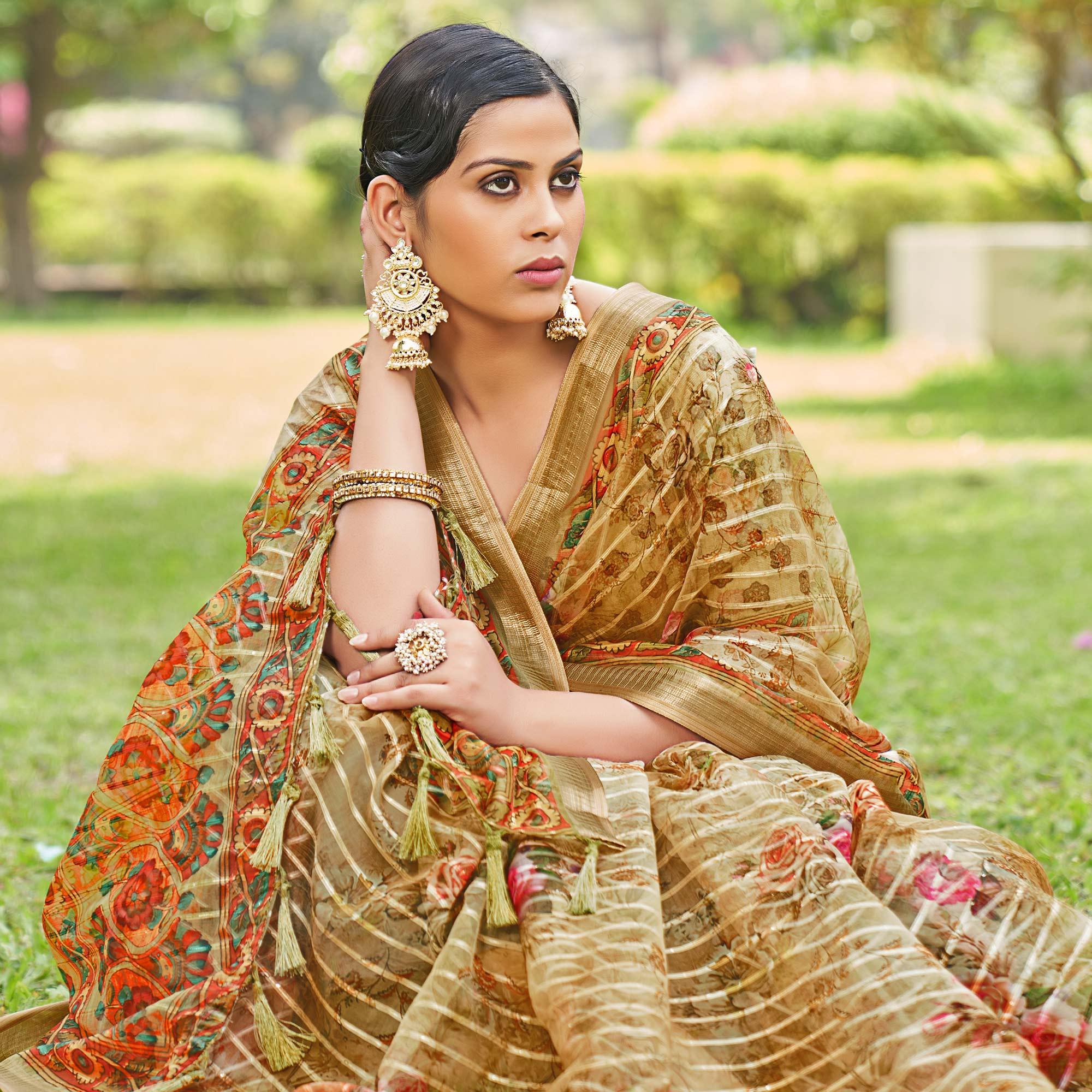 Brown Floral Digital Printed With Sequence Linen Saree - Peachmode