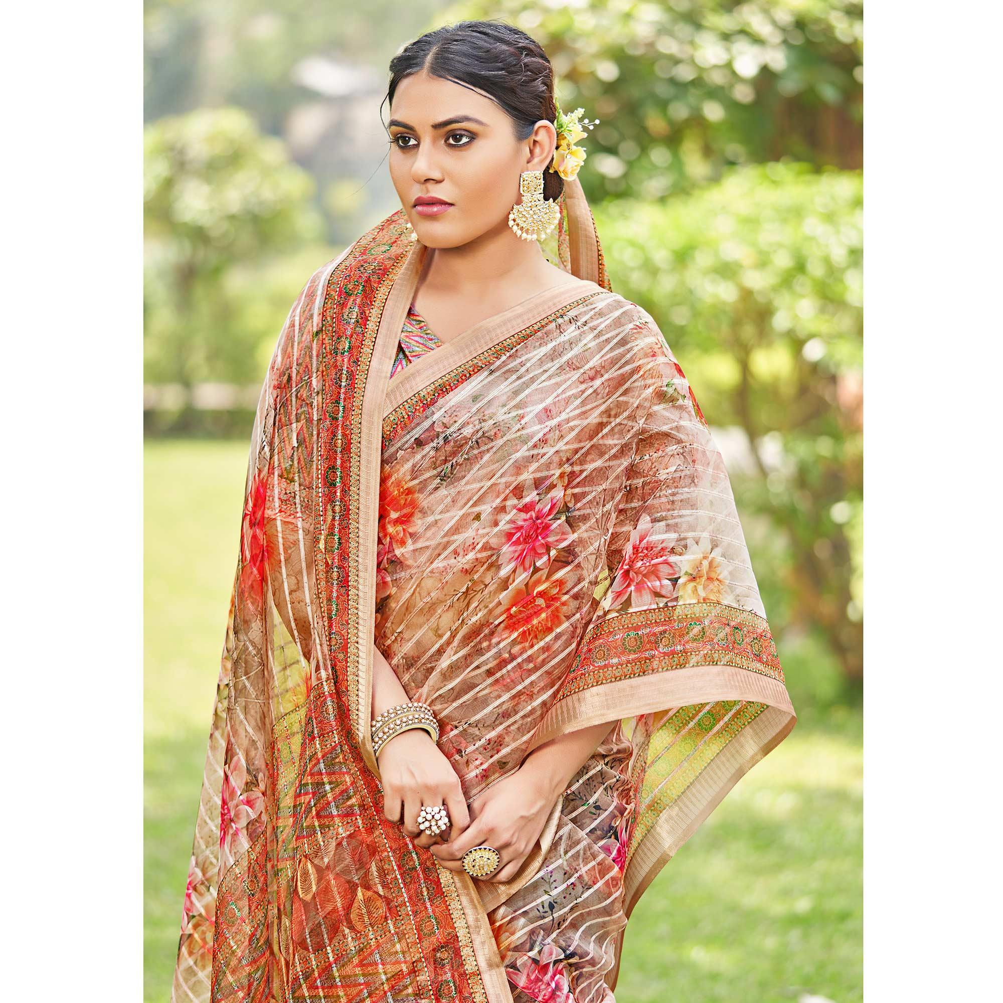 Brown Floral Digital Printed With Sequence Linen Saree - Peachmode
