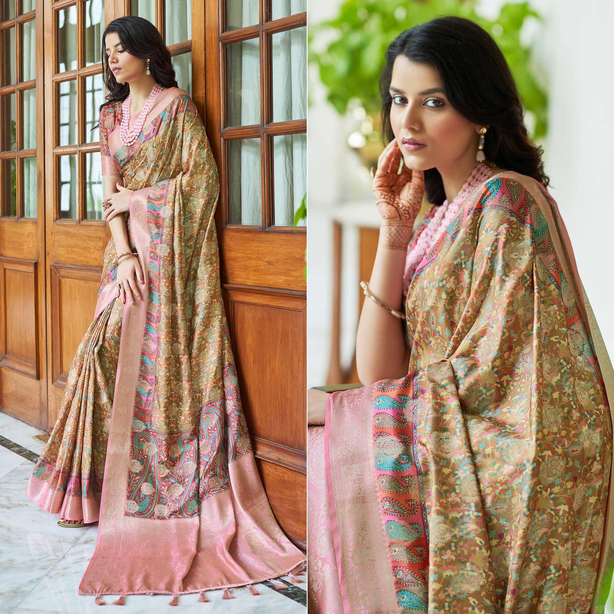 Brown Floral Digital Printed With Woven Border Art Silk Saree - Peachmode