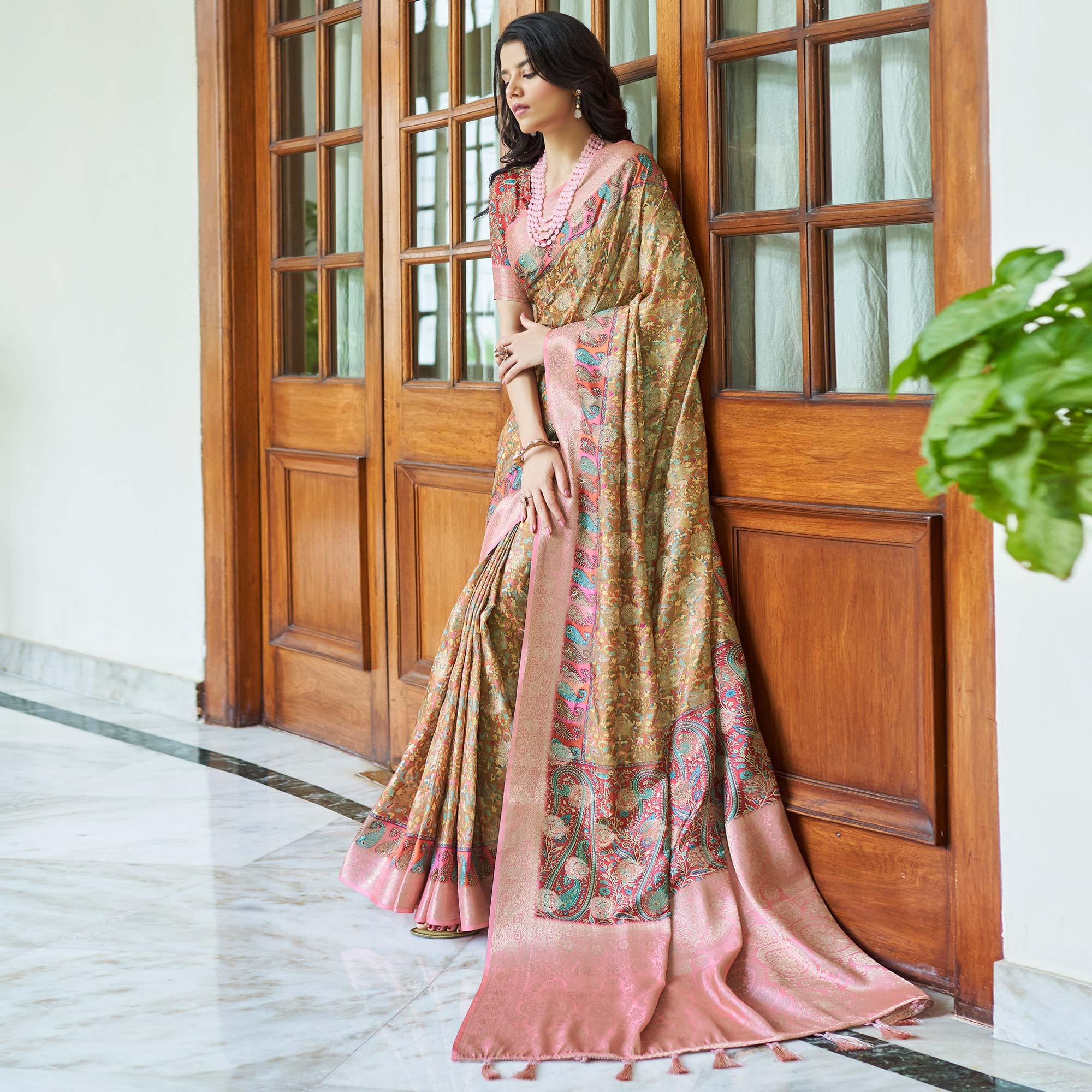 Brown Floral Digital Printed With Woven Border Art Silk Saree - Peachmode