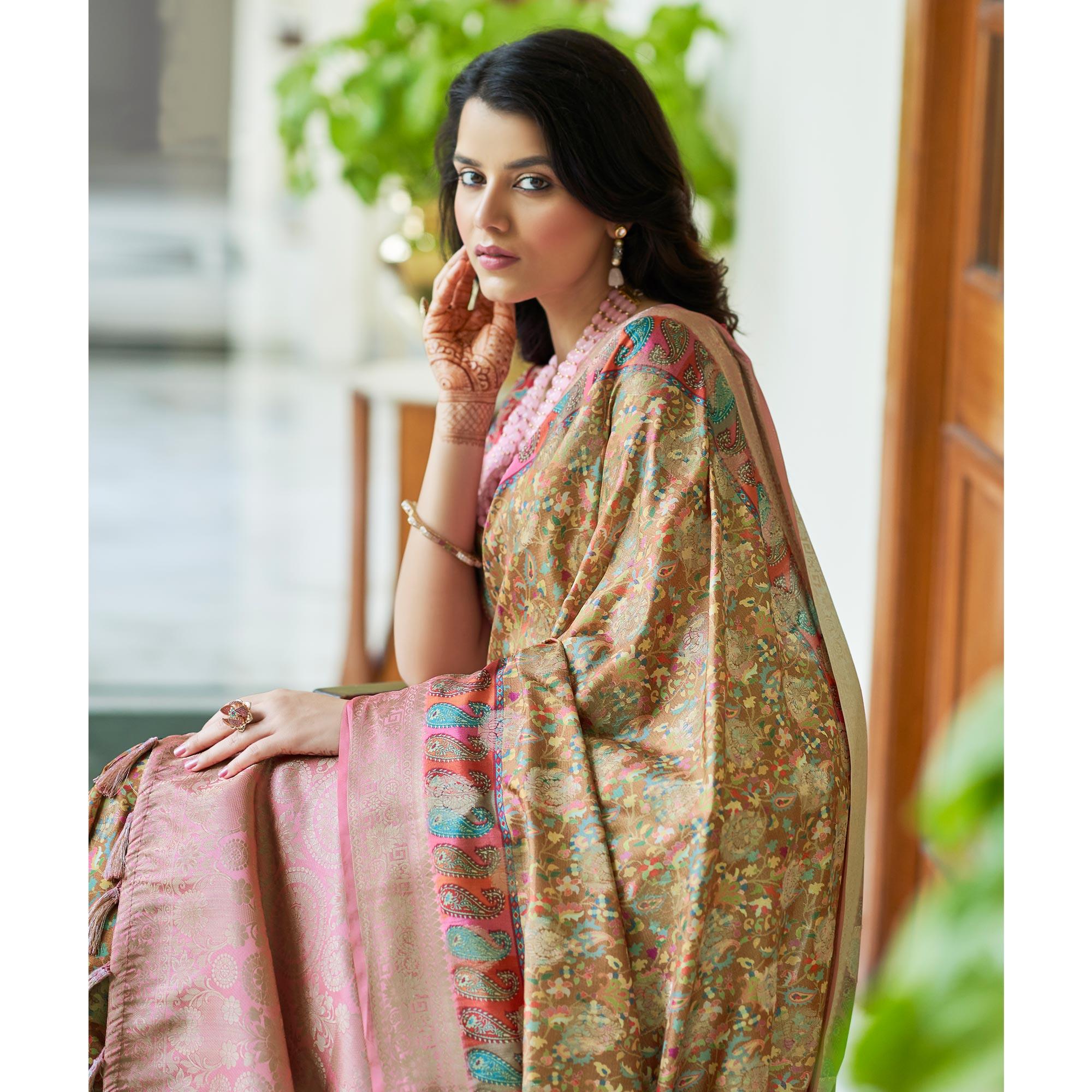 Brown Floral Digital Printed With Woven Border Art Silk Saree - Peachmode