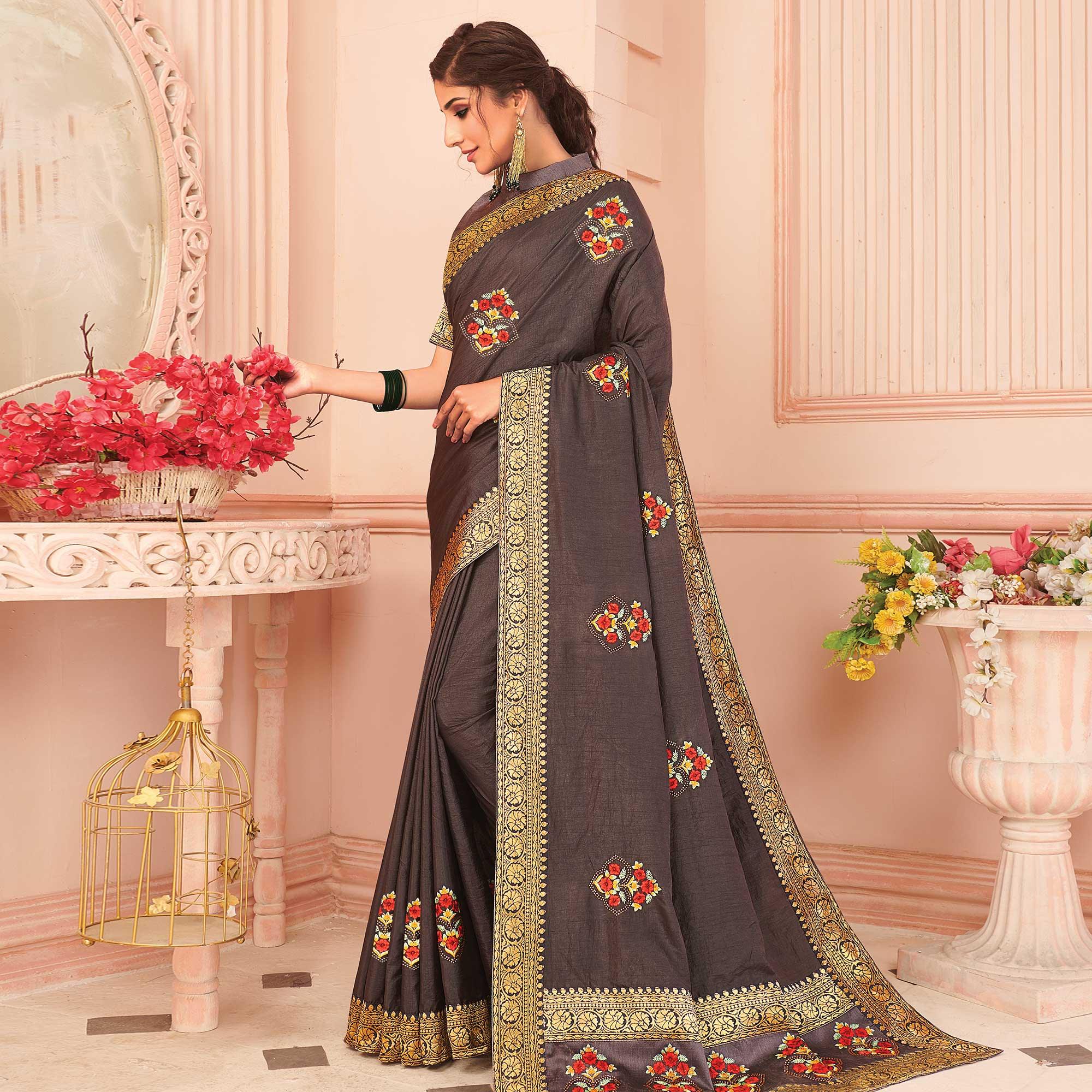 Brown Floral Emboidered Vichitra Silk Saree - Peachmode