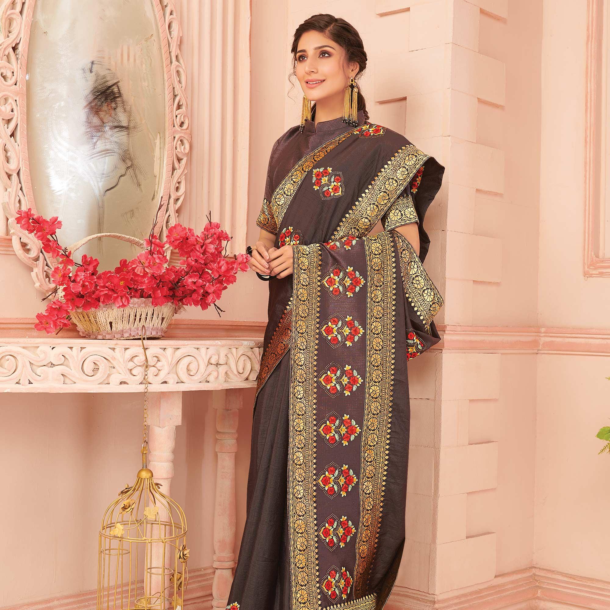 Brown Floral Emboidered Vichitra Silk Saree - Peachmode
