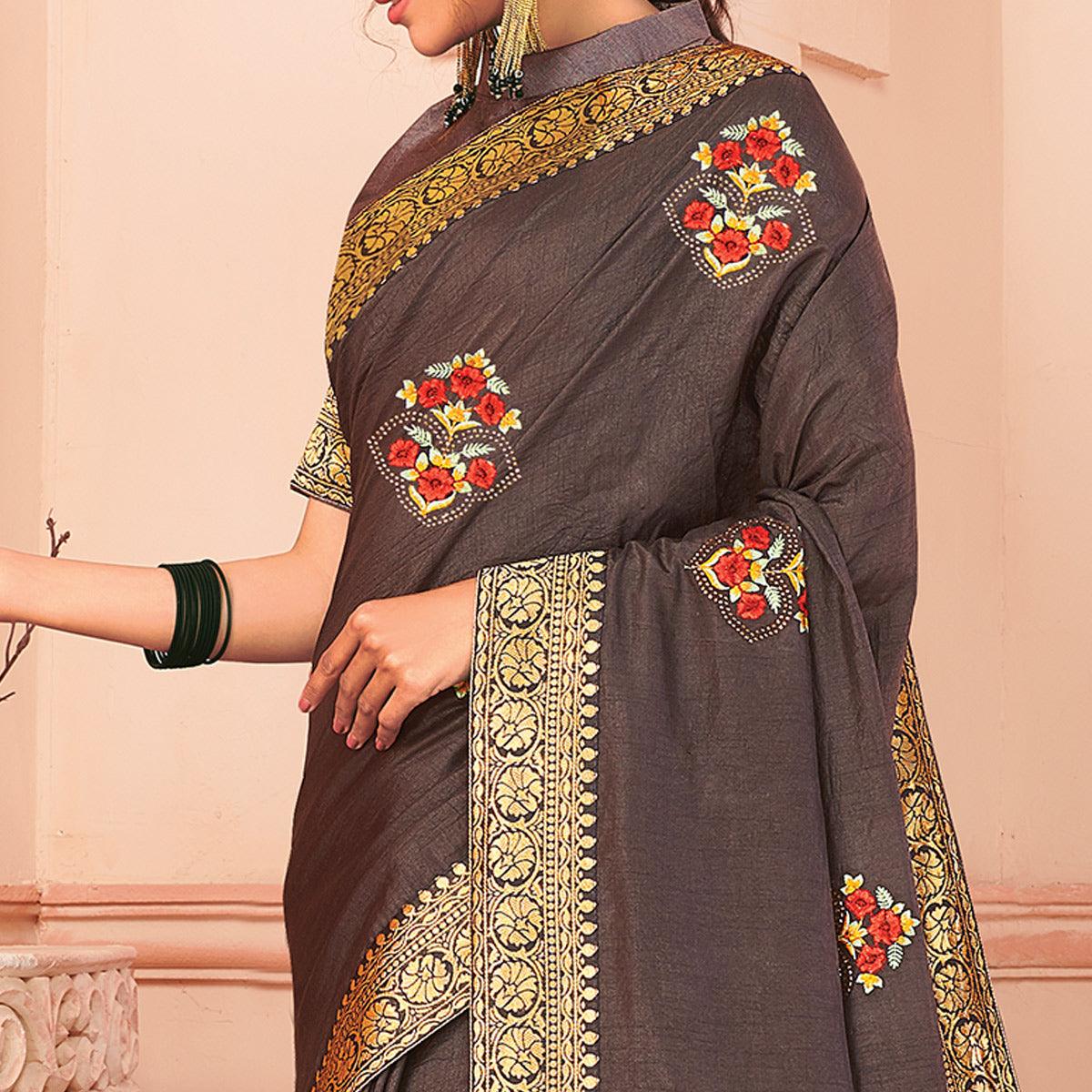 Brown Floral Emboidered Vichitra Silk Saree - Peachmode