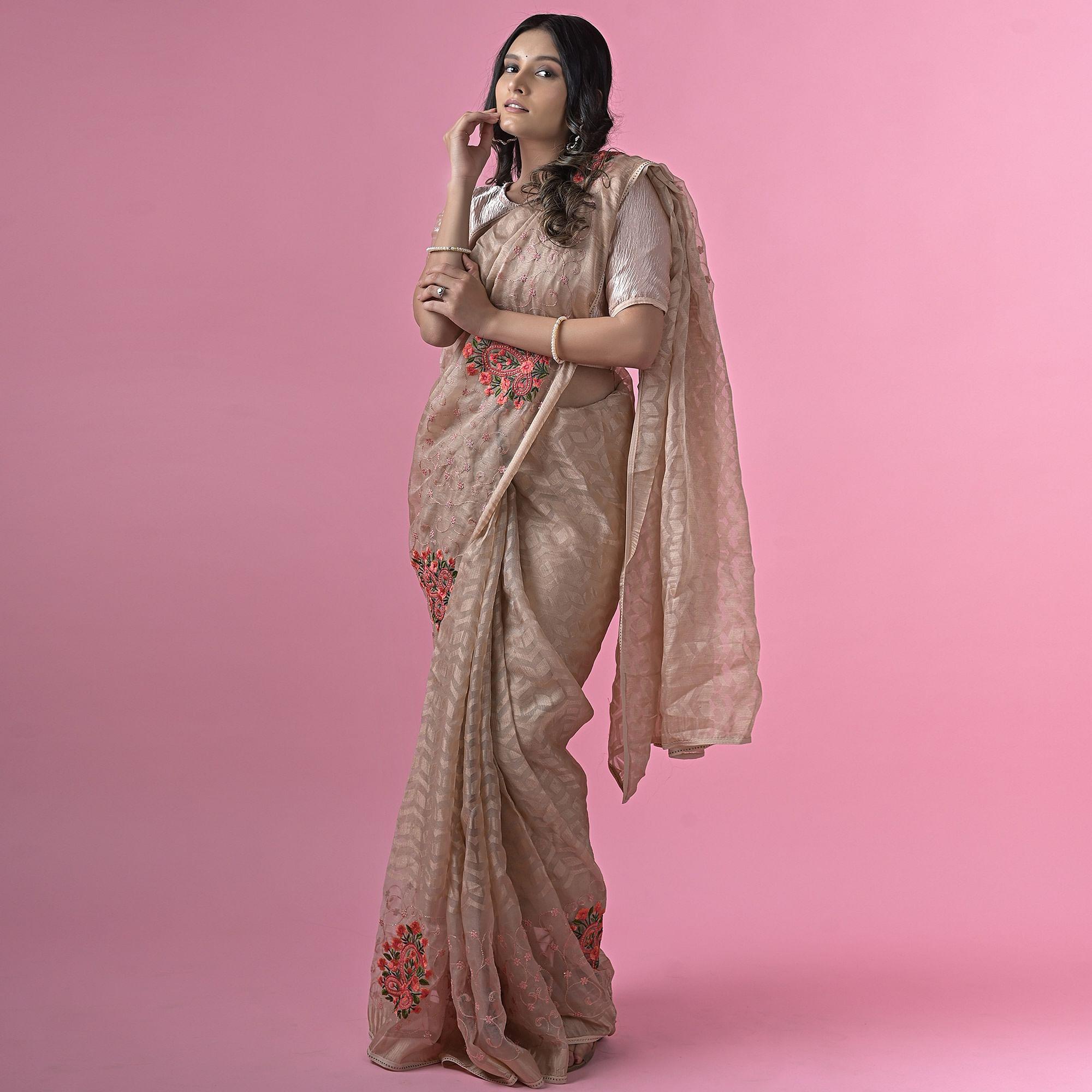 Brown Floral Embroidered Brasso Saree - Peachmode