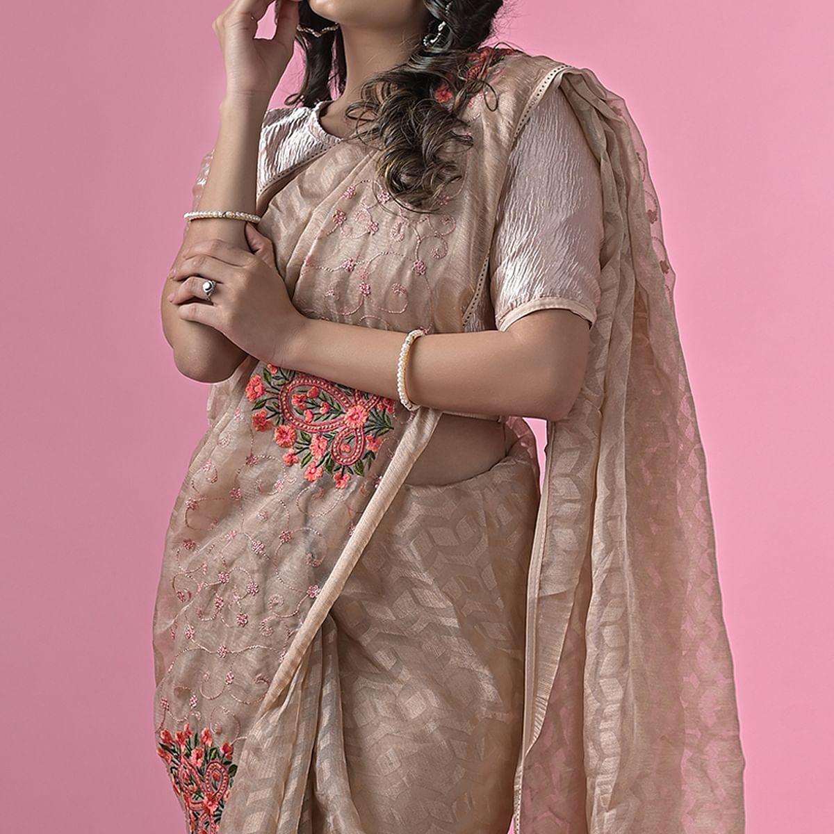 Brown Floral Embroidered Brasso Saree - Peachmode