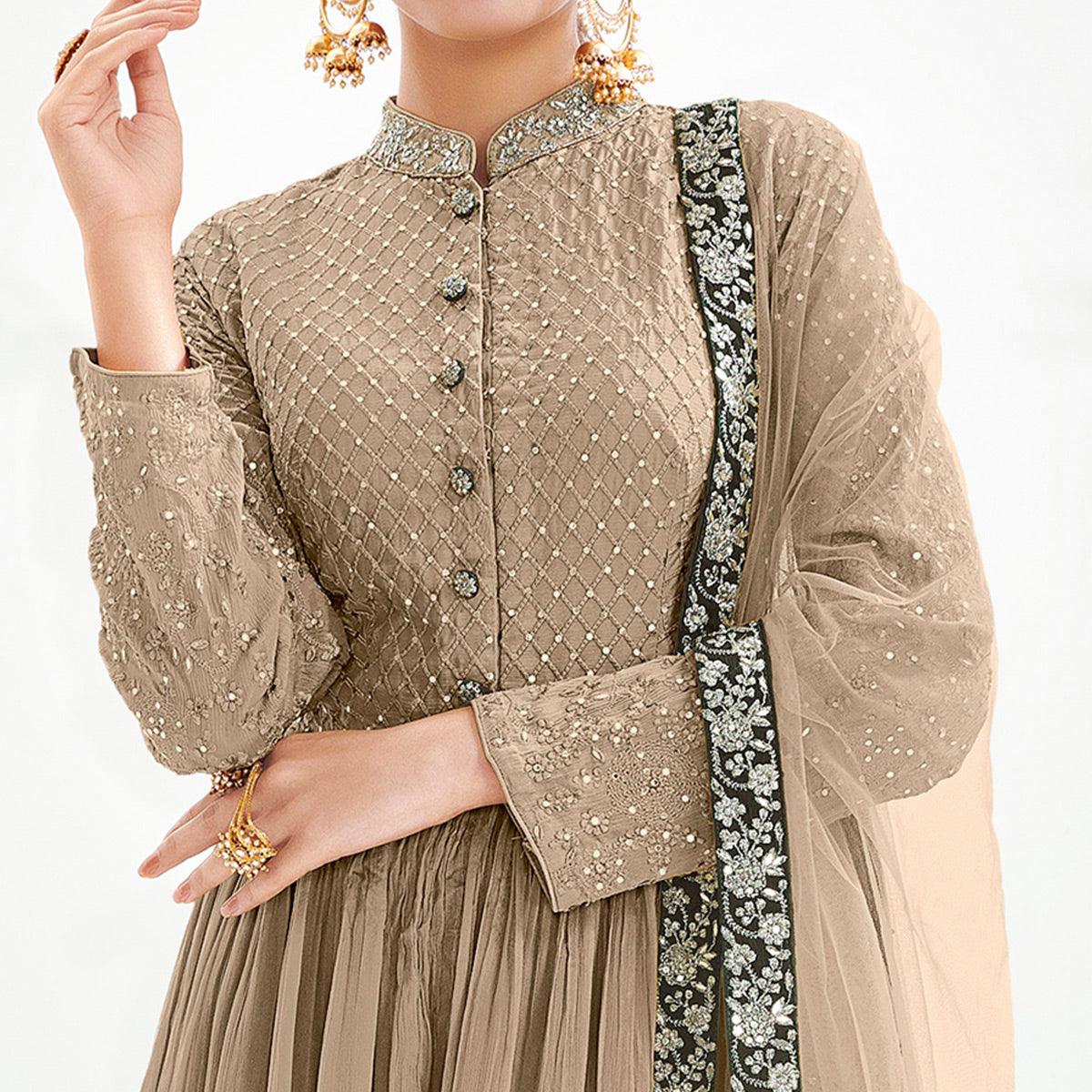 Brown Floral Embroidered Chiffon Palazzo Suit - Peachmode