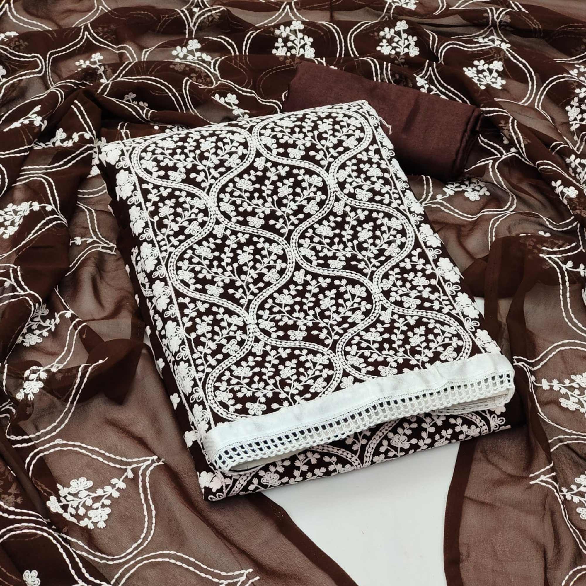 Brown Floral Embroidered Georgette Dress Material - Peachmode